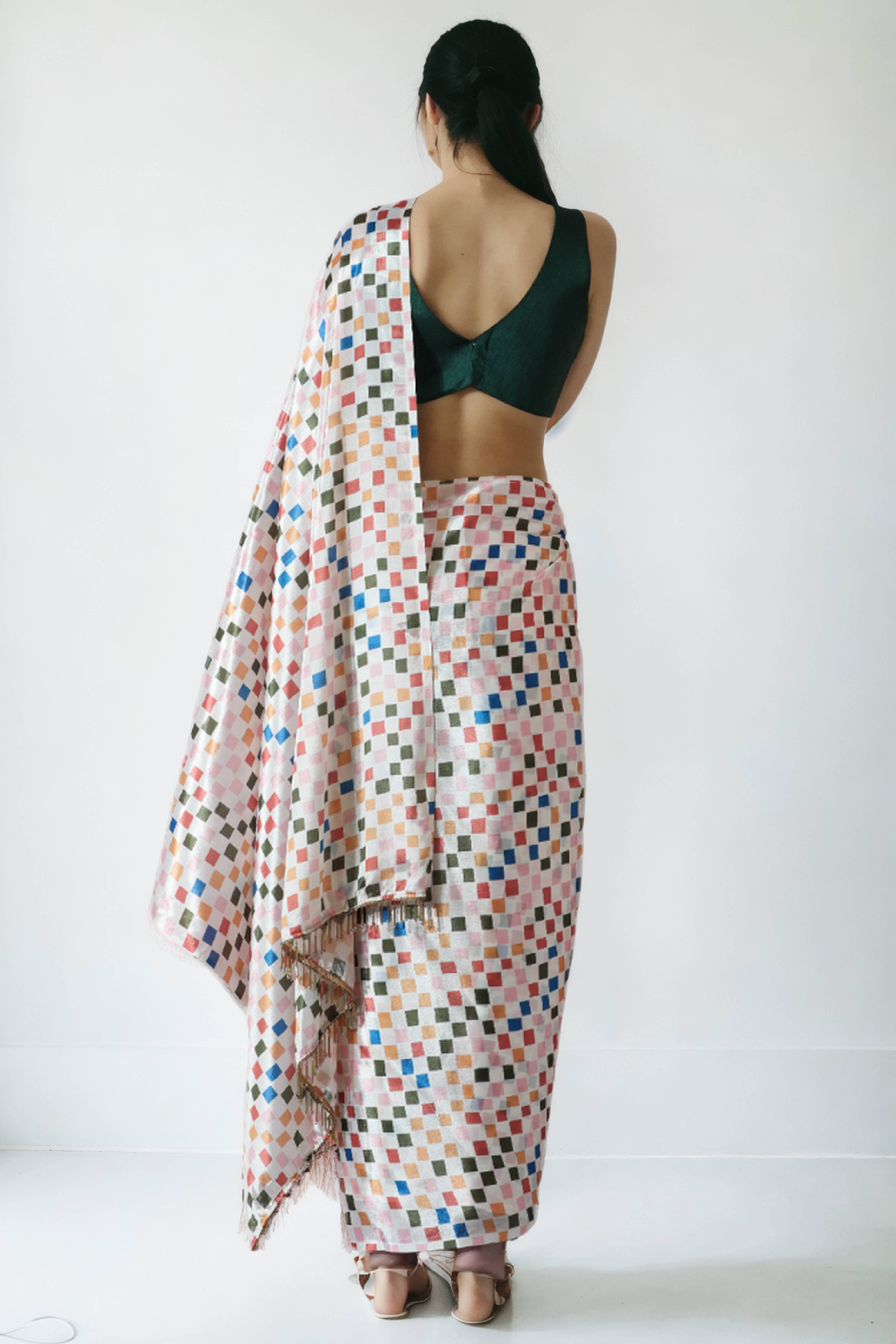 Multicolor Digital Printed With Delicate Lace Border Pallu Chinon Ready To Wear Saree