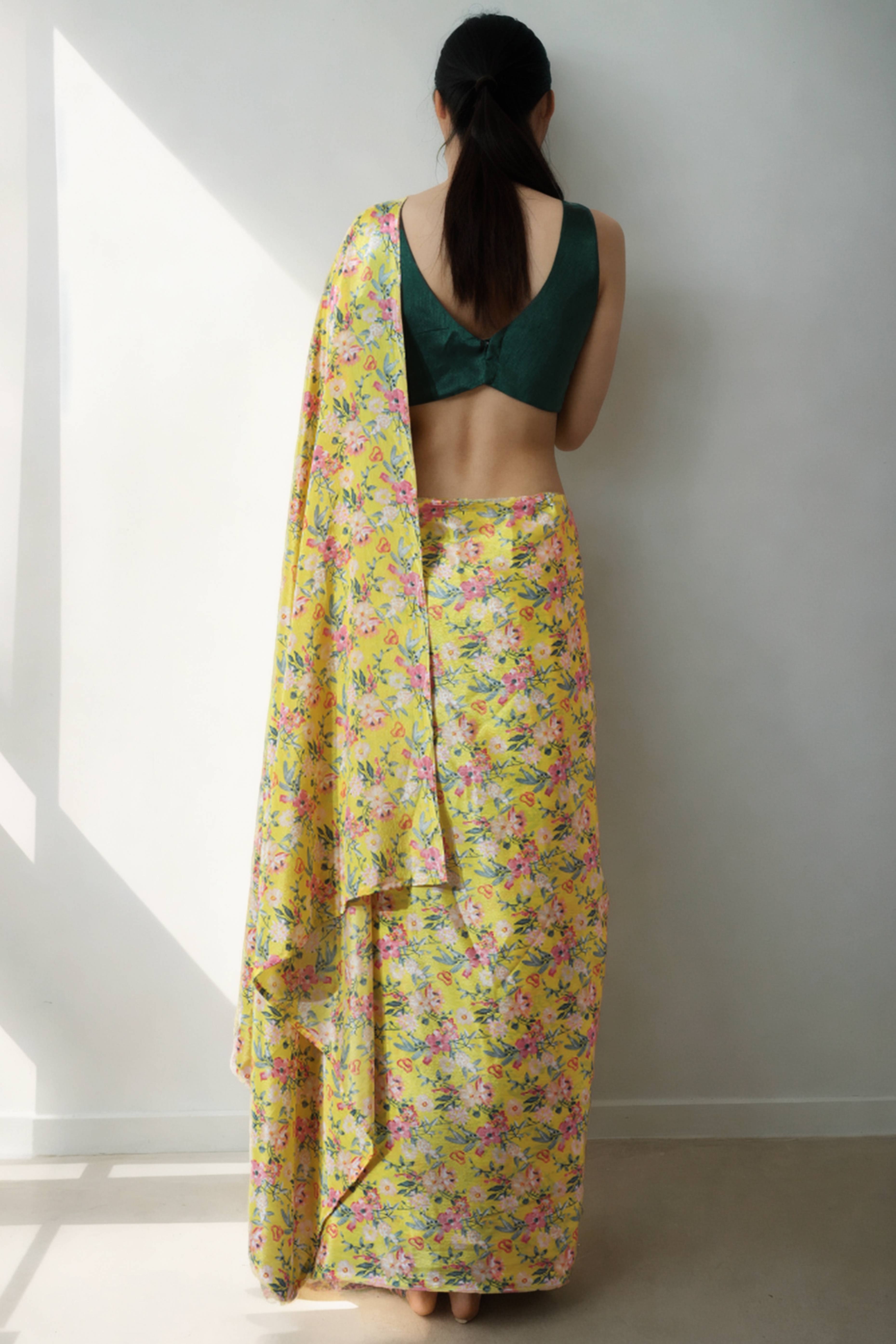 Lemon Yellow Floral Digital Printed Chinon Ready To Wear Saree