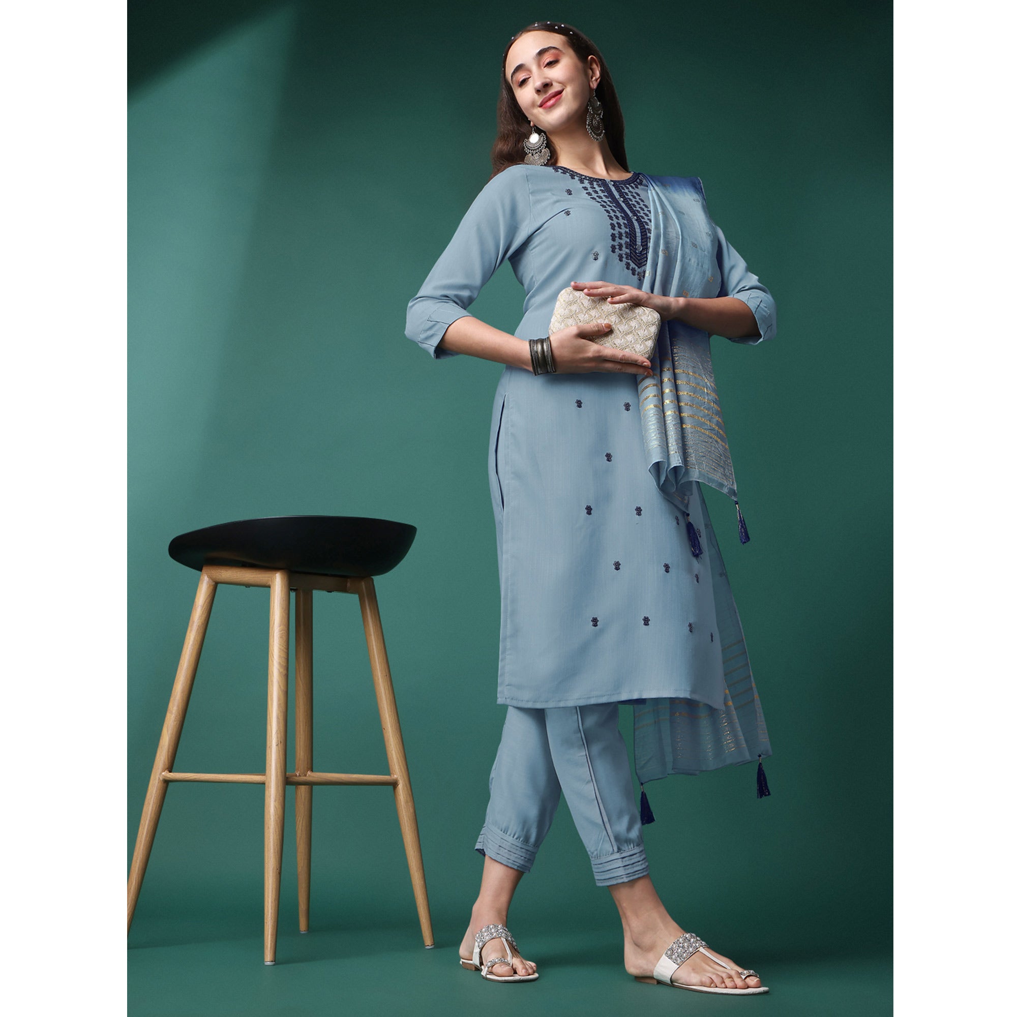 Grey Embroidered Rayon Kurti Sets