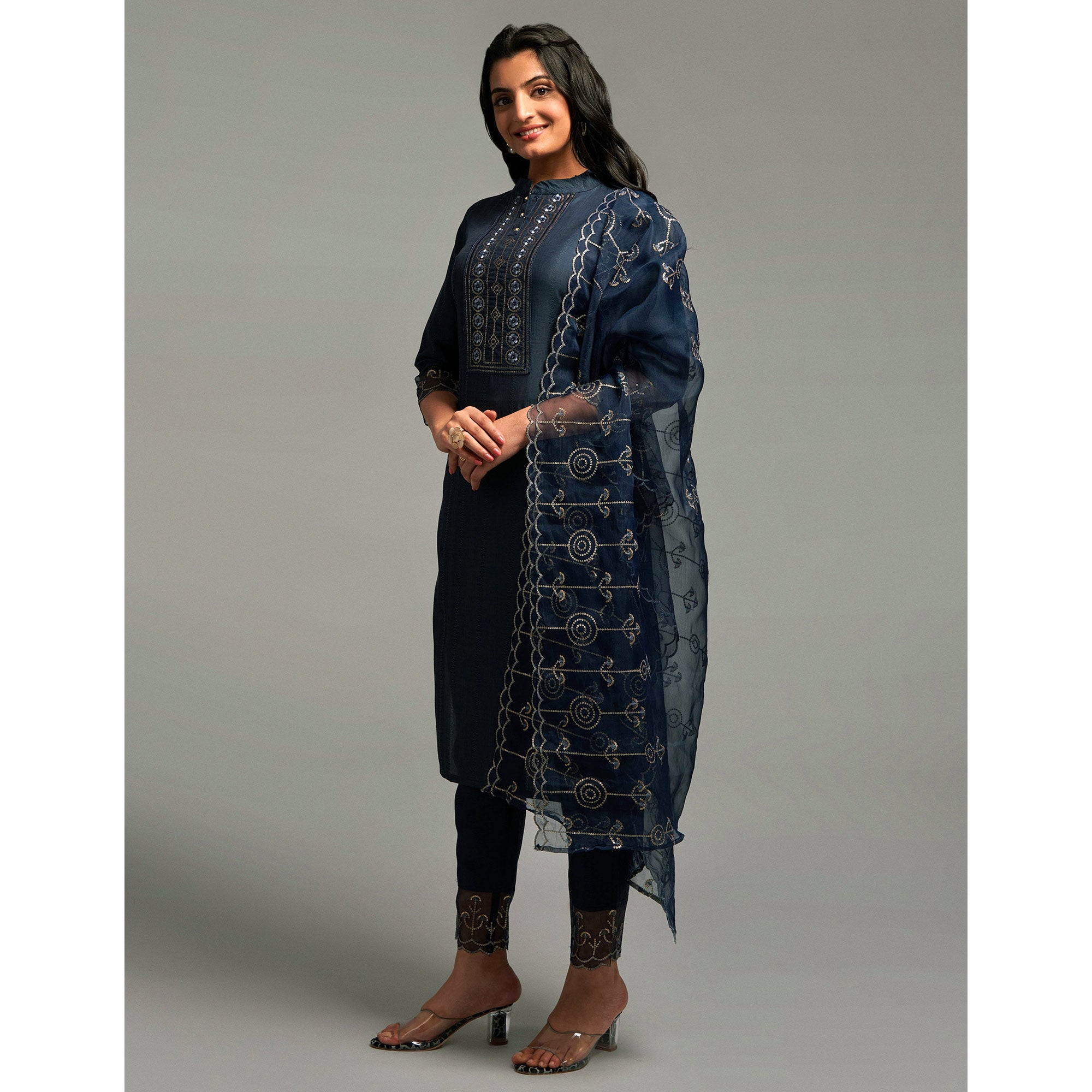 Blue Embroidered Chinon Kurti Sets