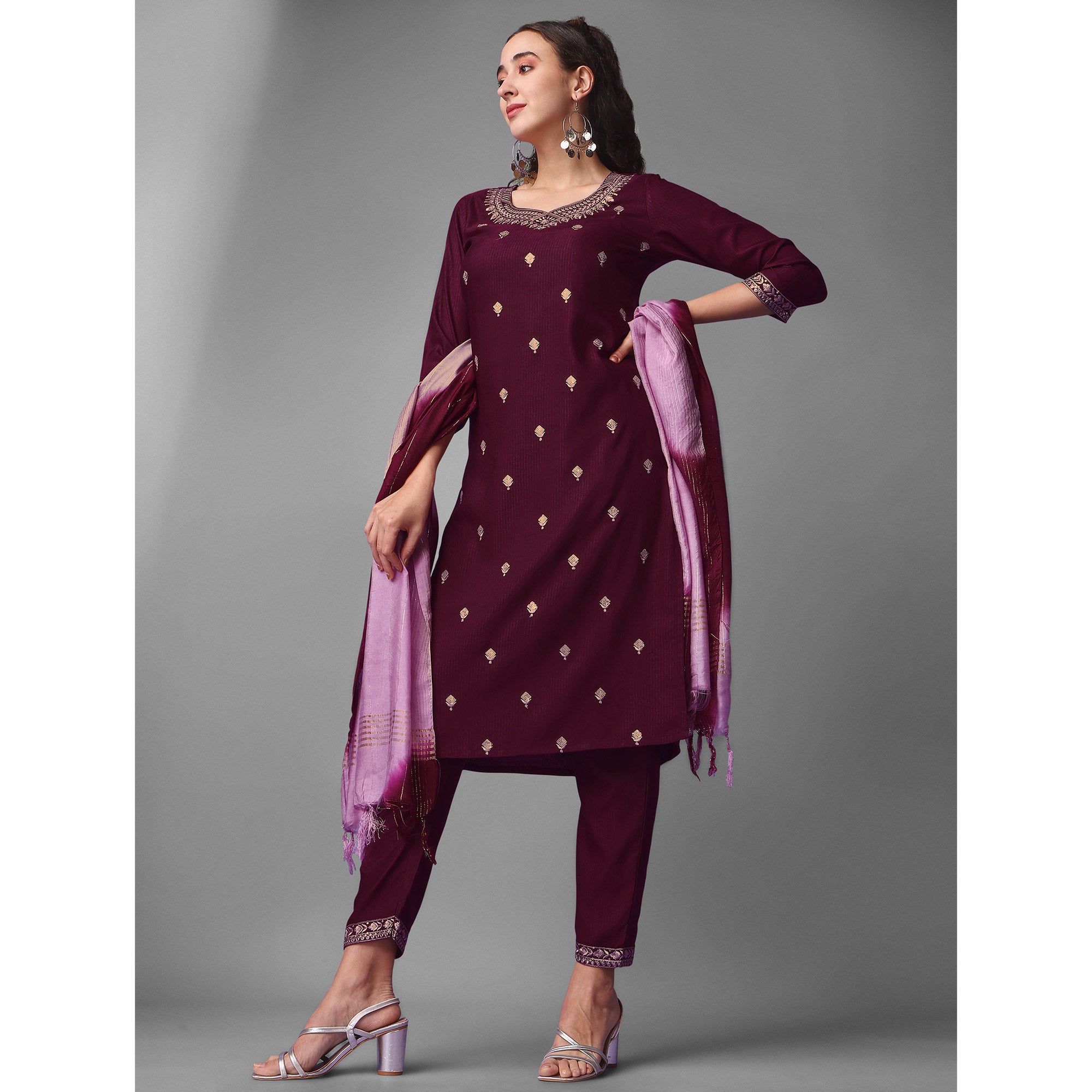 Wine Embroidered Rayon Kurti Sets