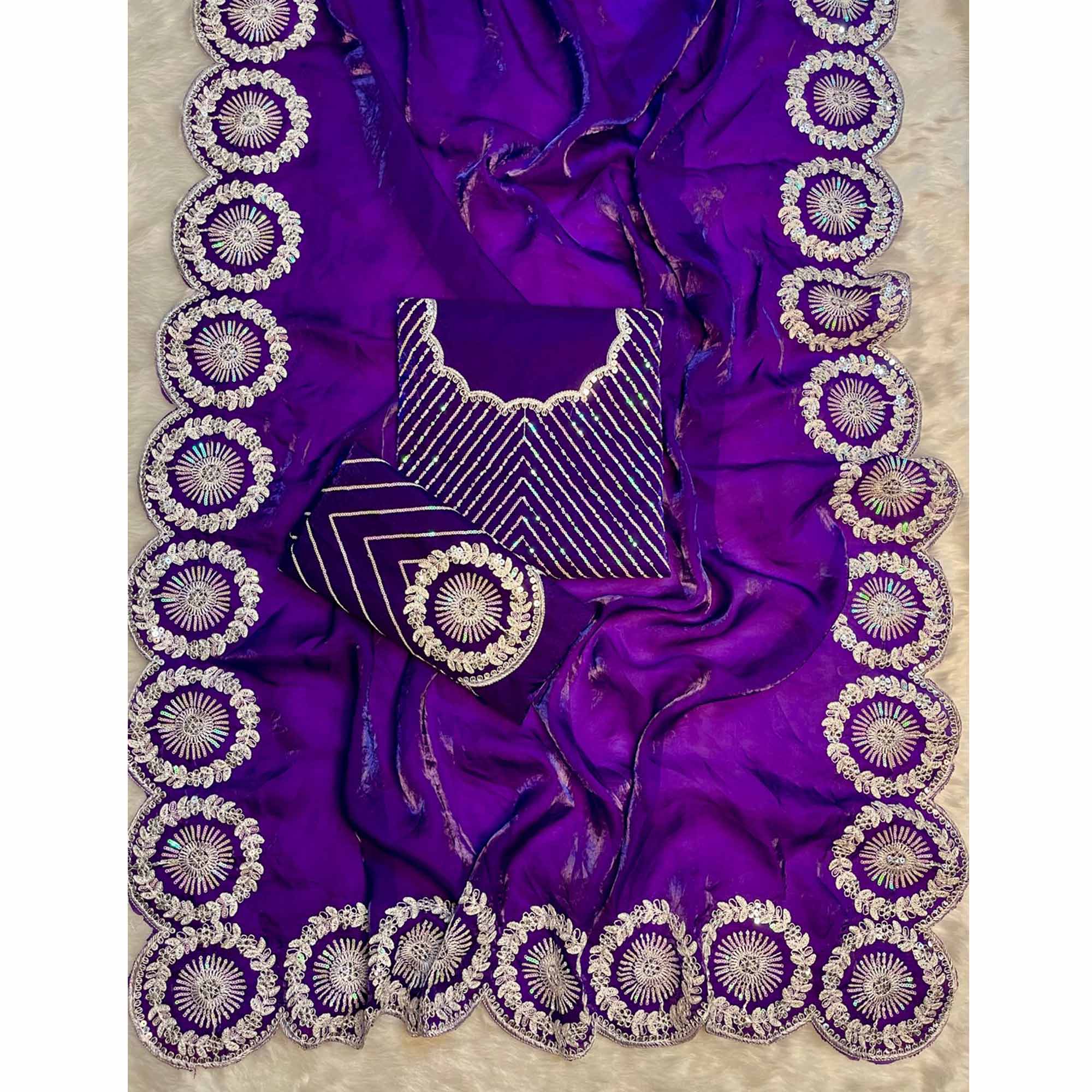 Designer Violet Fandy Satin Saree Featuring Intricate Sequins Embroidery for Elegant Styling