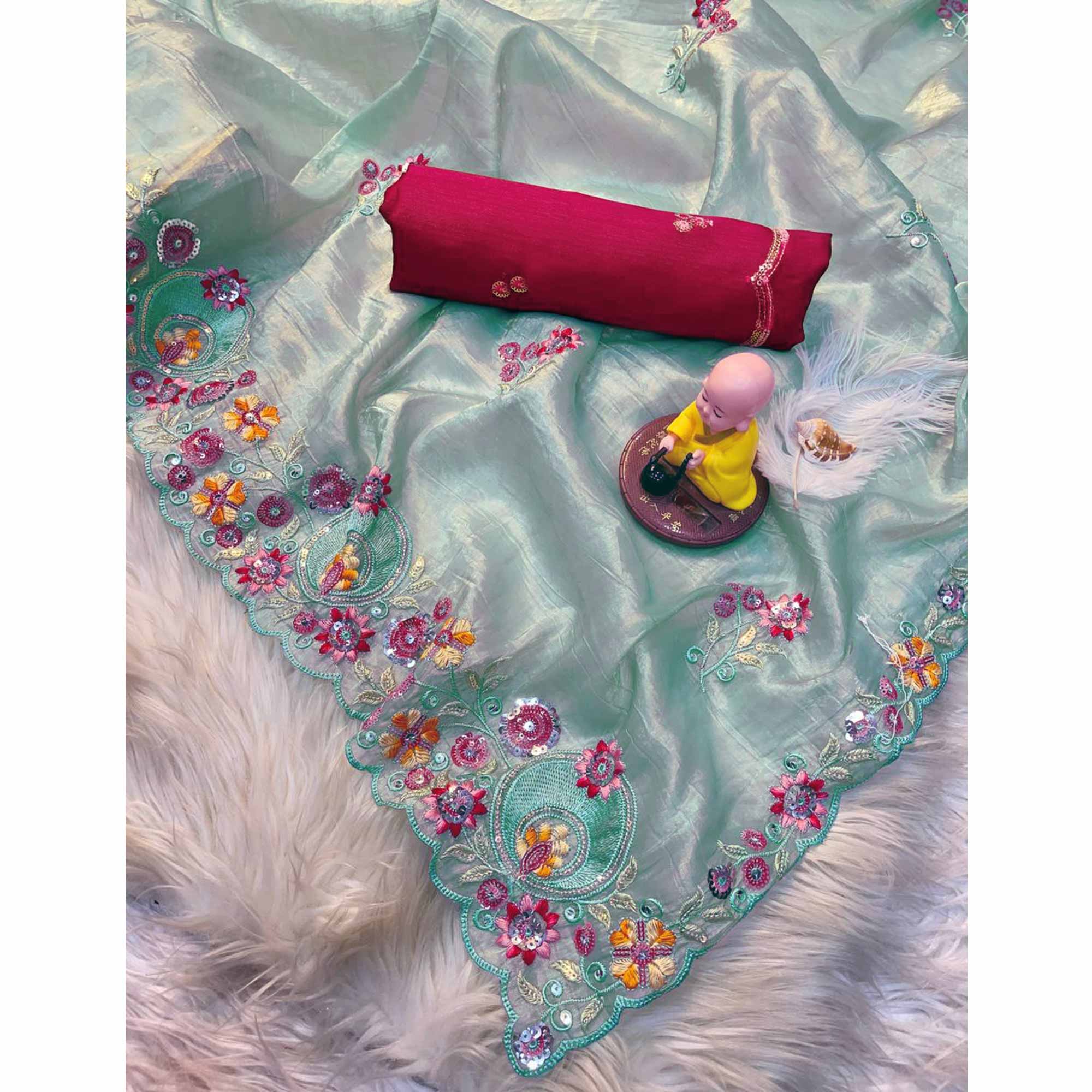 Premium Sea Green Crush Satin Saree with Beautiful Floral Embroidery