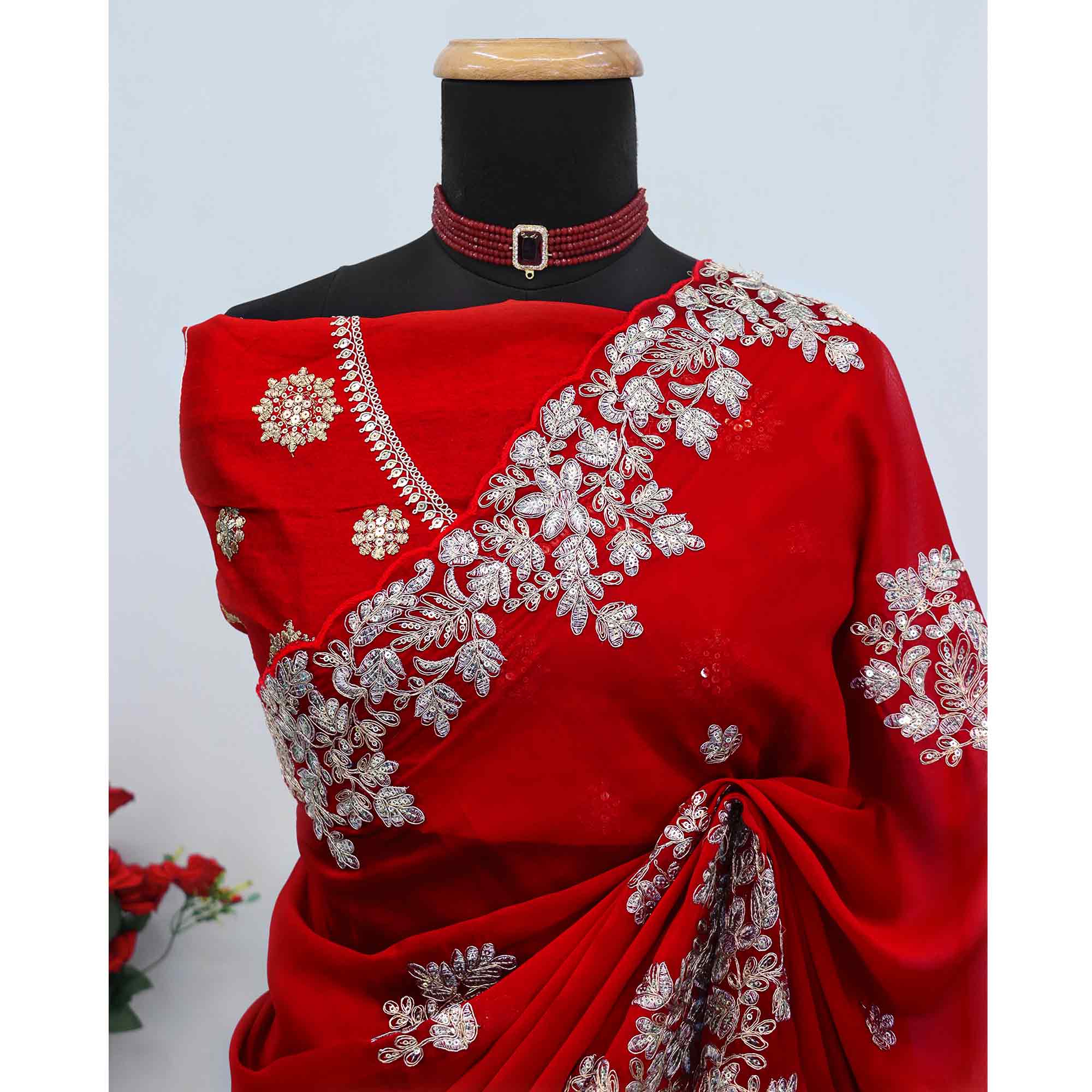 Red Silk Blend Saree Elegantly Embellished With Embroidery And Sparkling Sequins Work