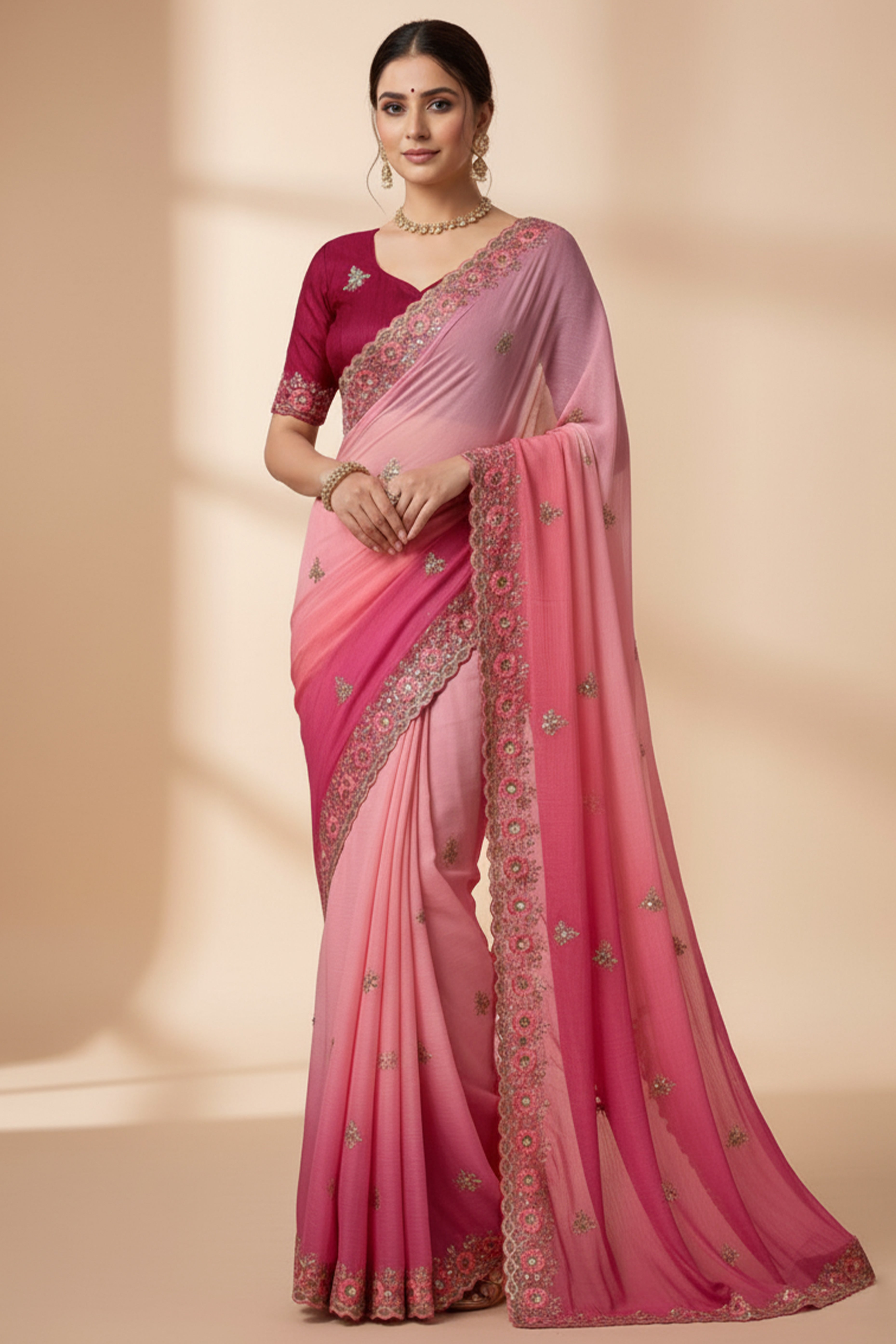 Radiant Pink Crunchy Ombre Saree Adorned with Floral Thread Embroidery & Sequins Work