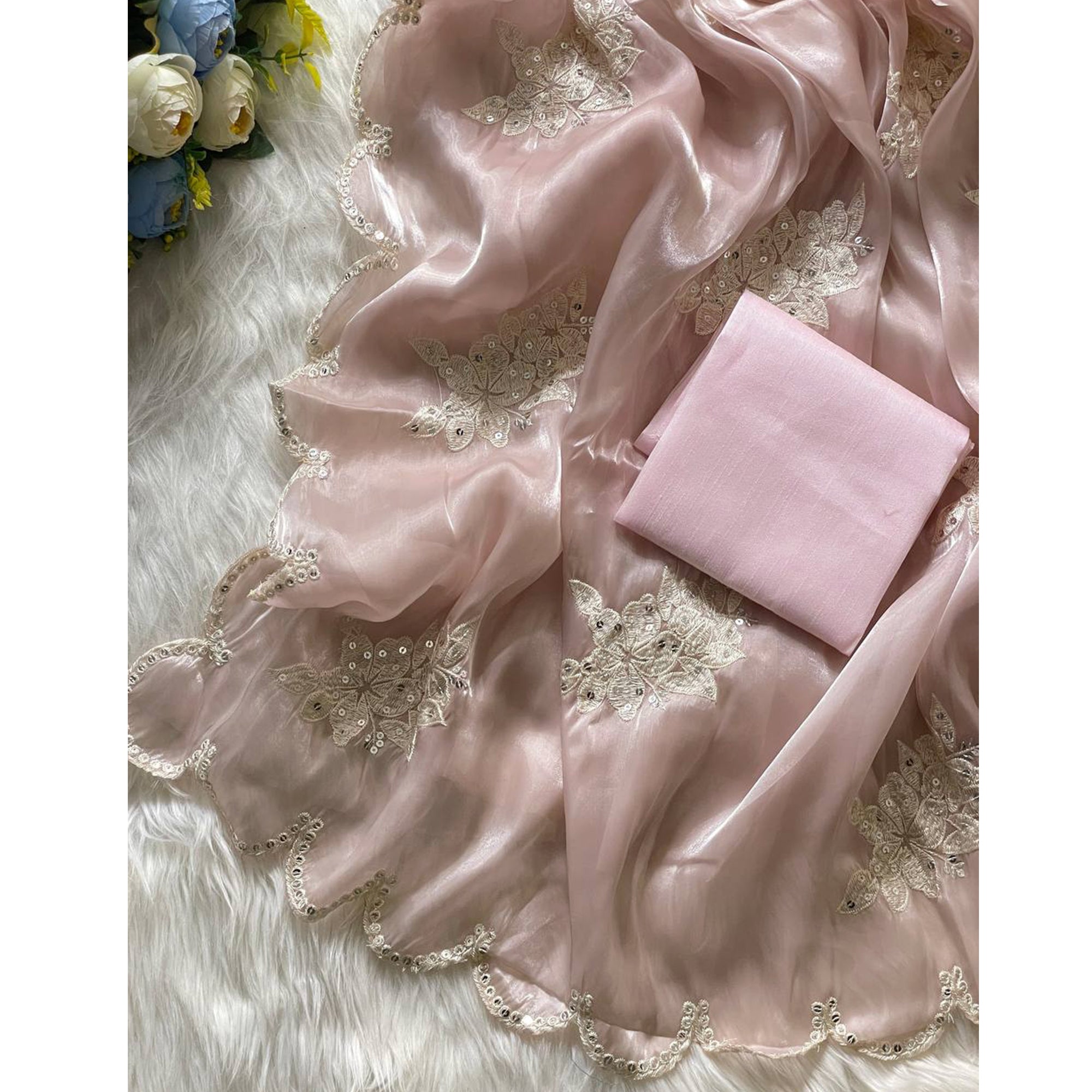 Captivating Pink Floral Thread Embroidered Jimmy Choo Satin Saree With Gleaming Sequins Work