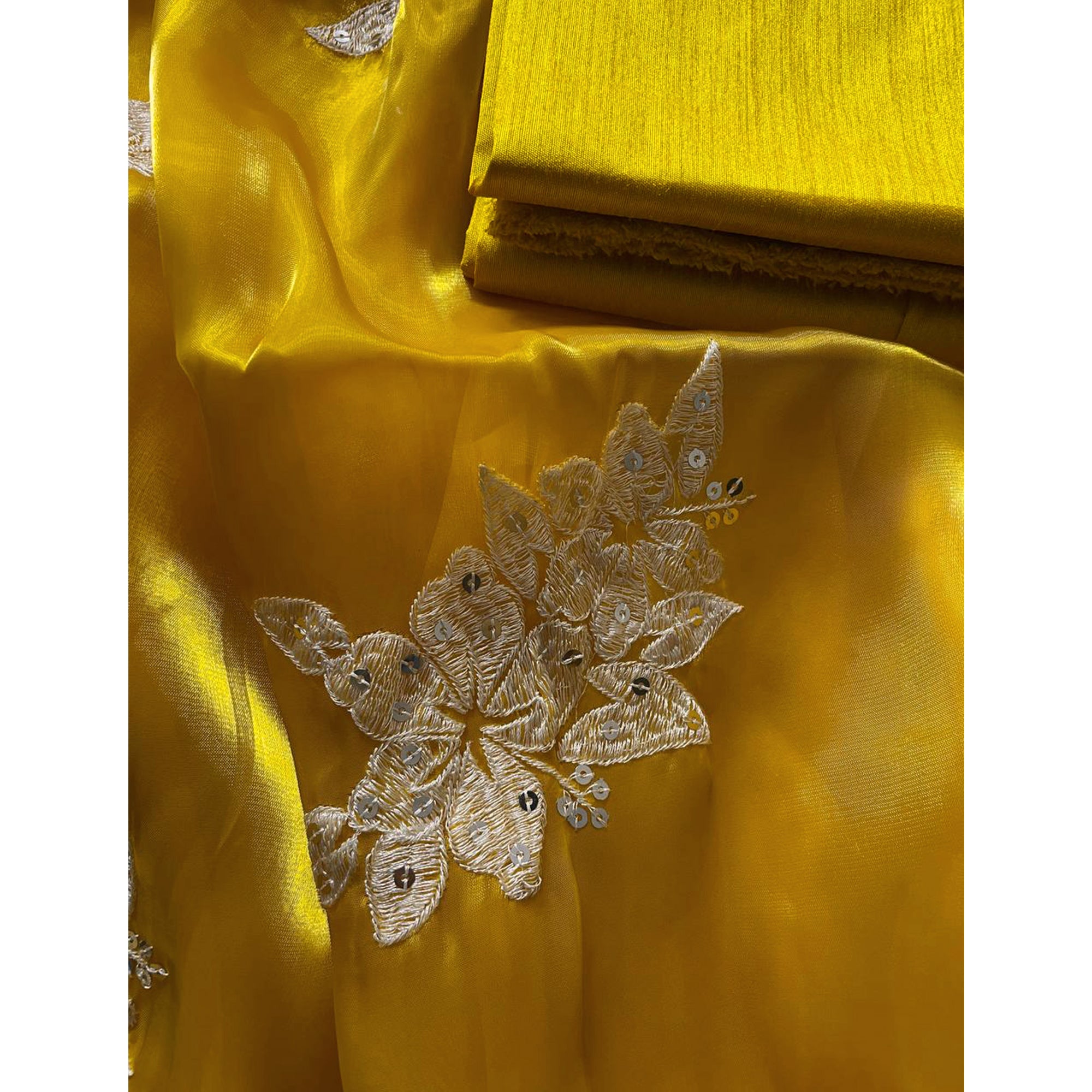 Captivating Yellow Floral Thread Embroidered Jimmy Choo Satin Saree With Gleaming Sequins Work