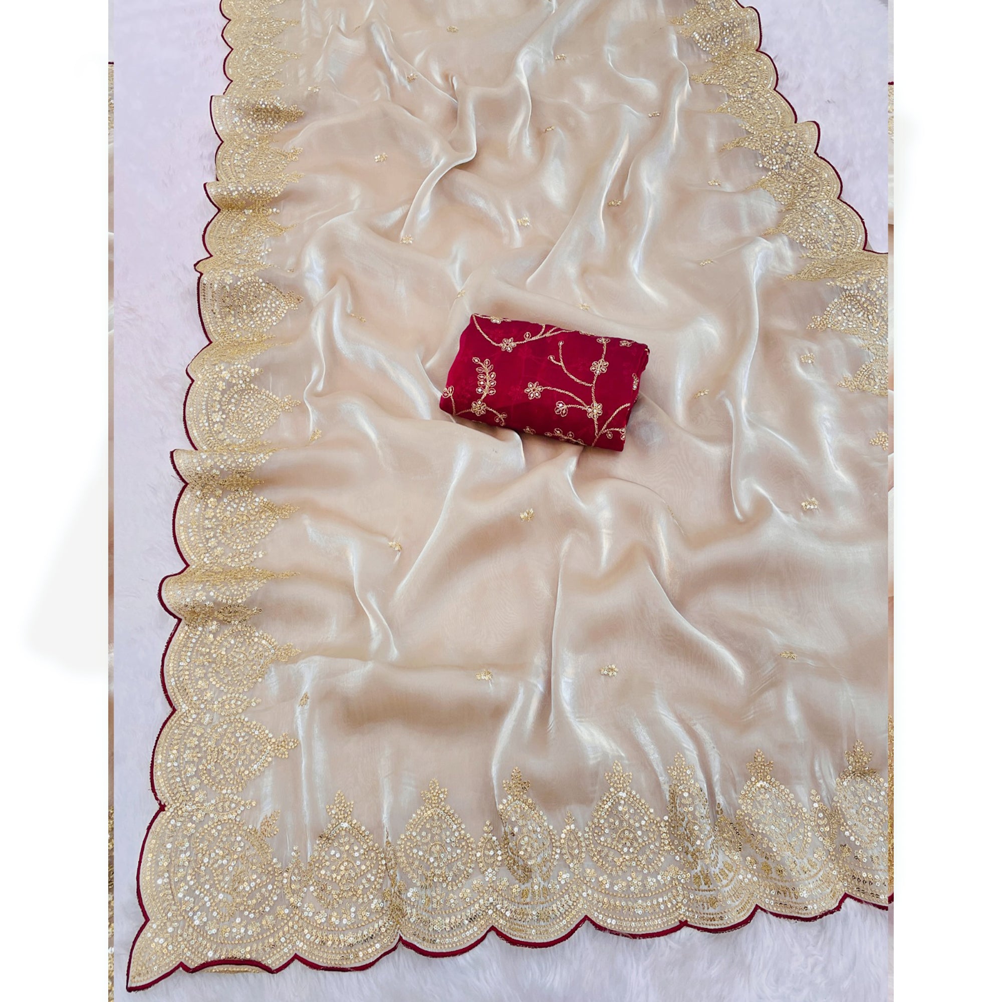 Stylish Chikoo Jimmy Choo Satin Silk Saree Beautified with Floral Zari Embroidery & Sequins Work