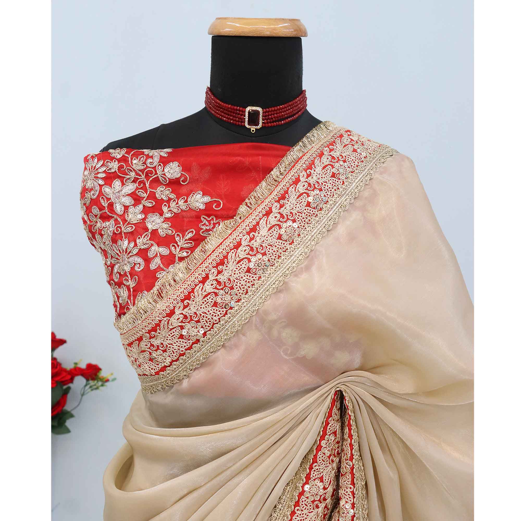 Cream Fancy Satin Solid Saree Accentuated With Elegant Lace Work