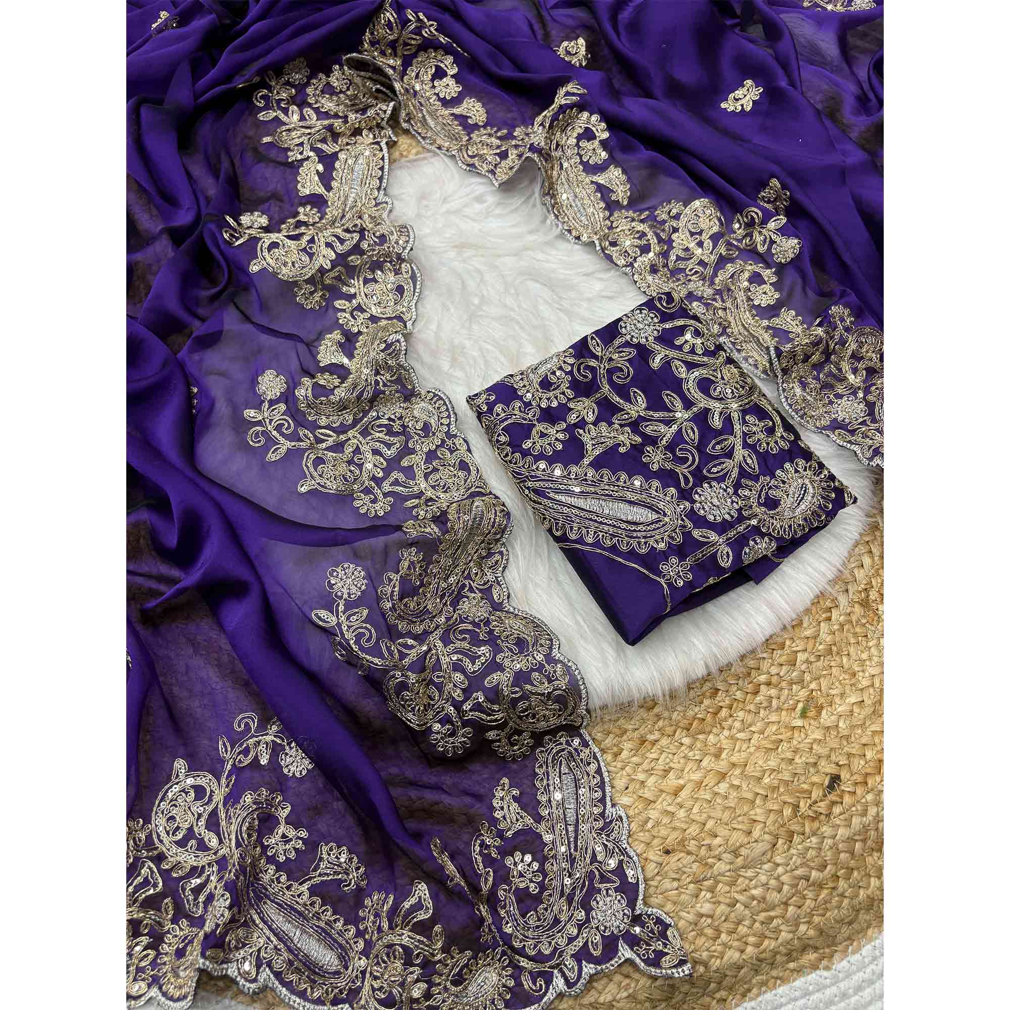 Violet Silk-Blend Saree Featuring Delicate Embroidery and Shimmering Sequins Work