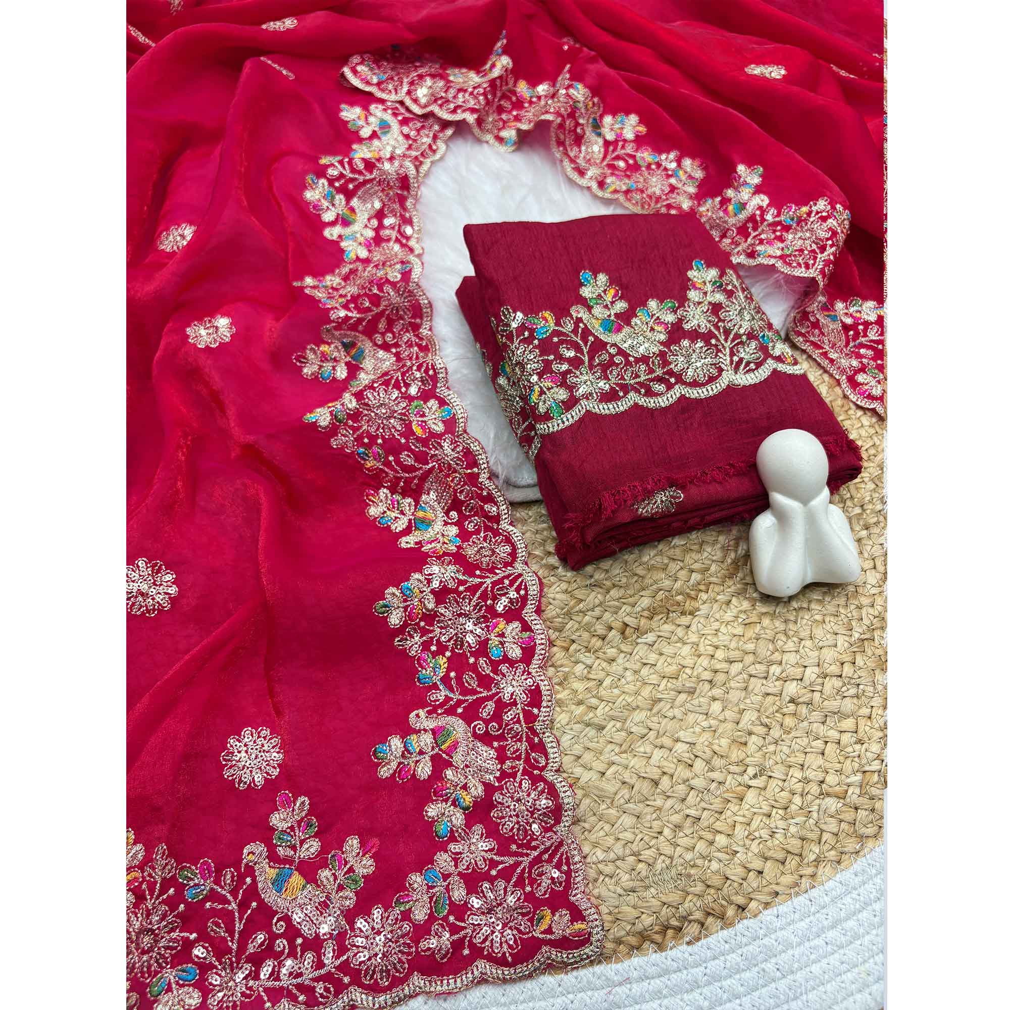 Pink Organza Satin Silk Saree Beautifully Detailed with Elegant Floral Embroidery