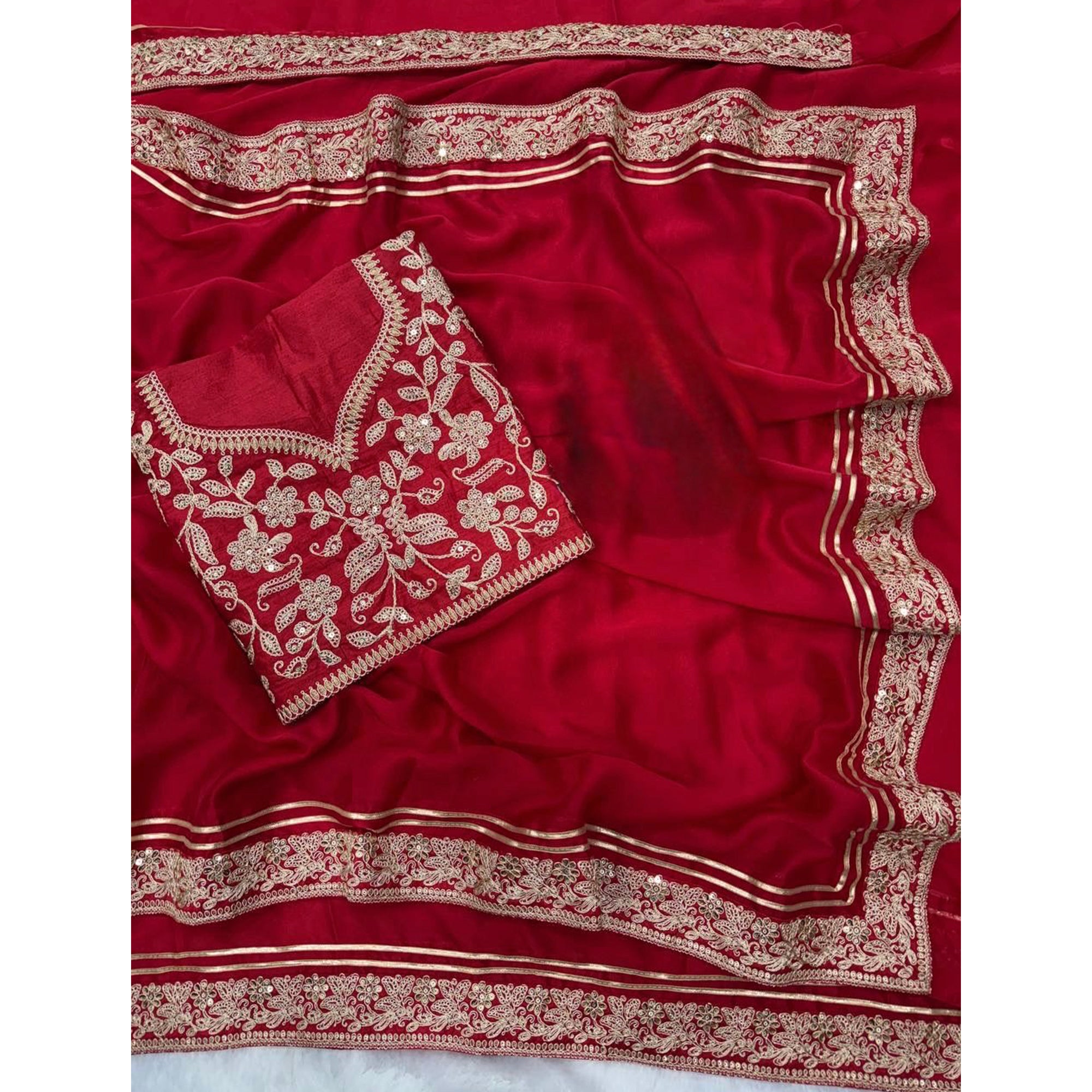 Red Partywear Silk Blend Saree Featuring Rich Silver Thread and Sequins Work