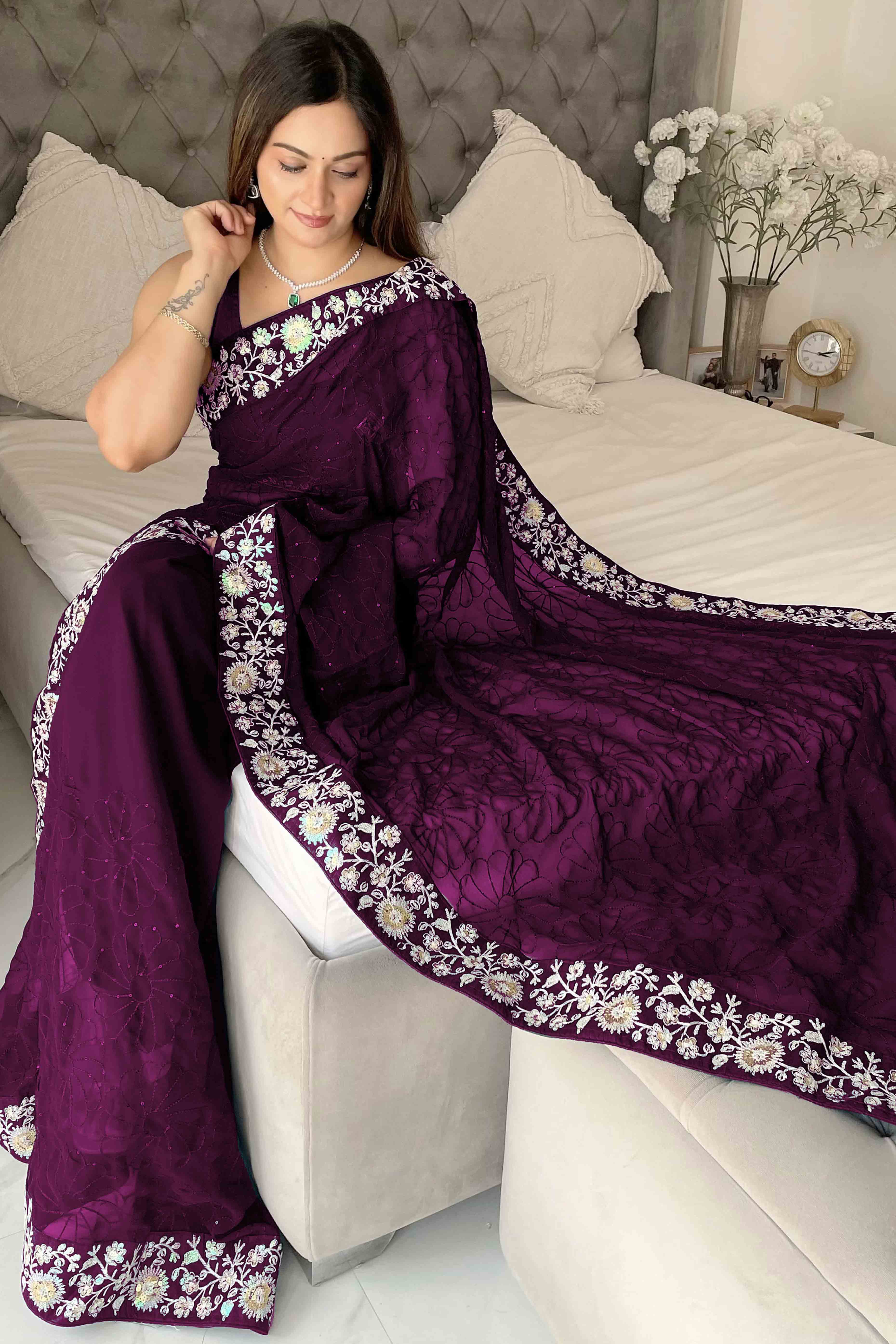 Wine Designer Saree In Georgette With Delicate Floral Sequins Embroidery Work