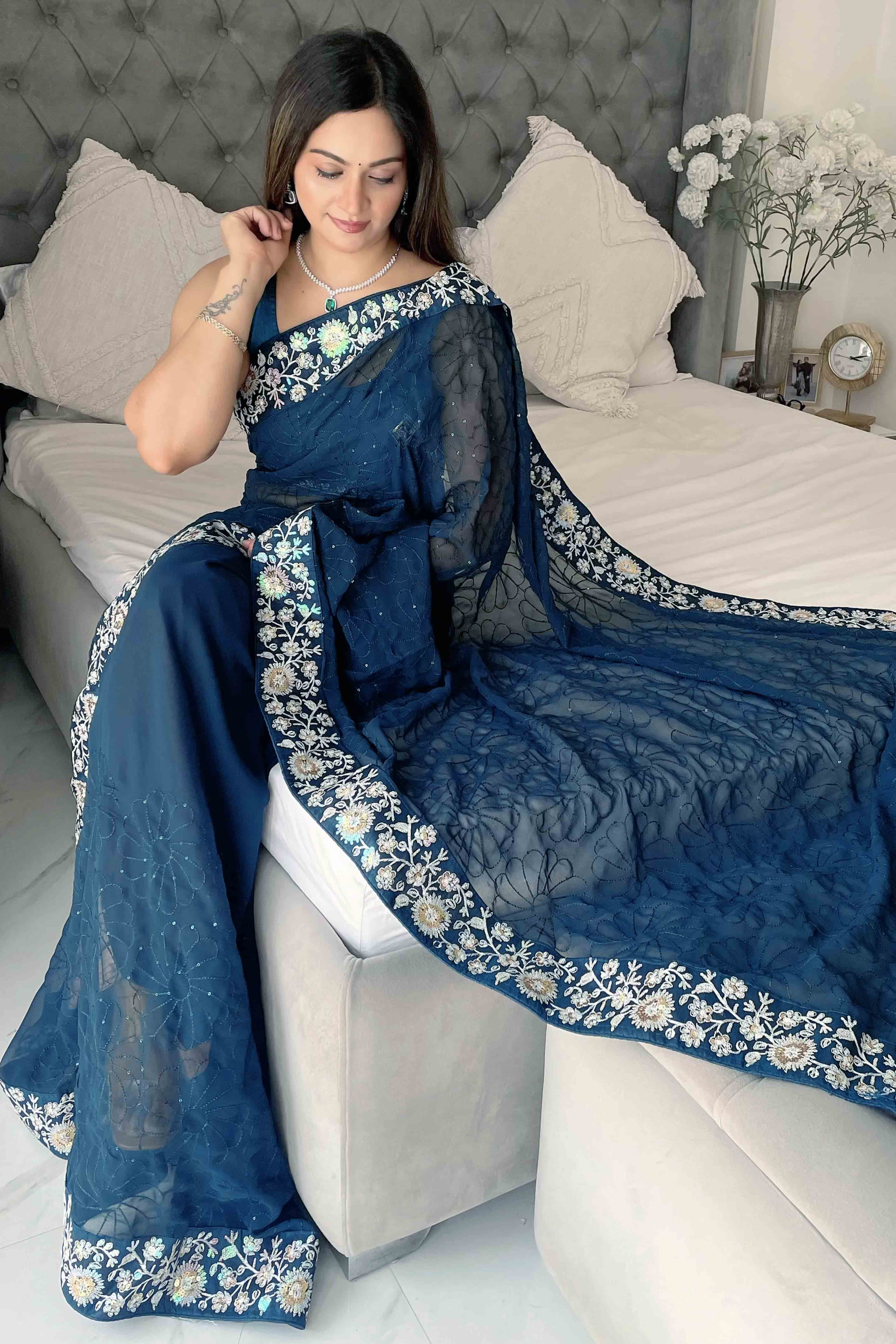 Blue Designer Saree In Georgette With Delicate Floral Sequins Embroidery Work