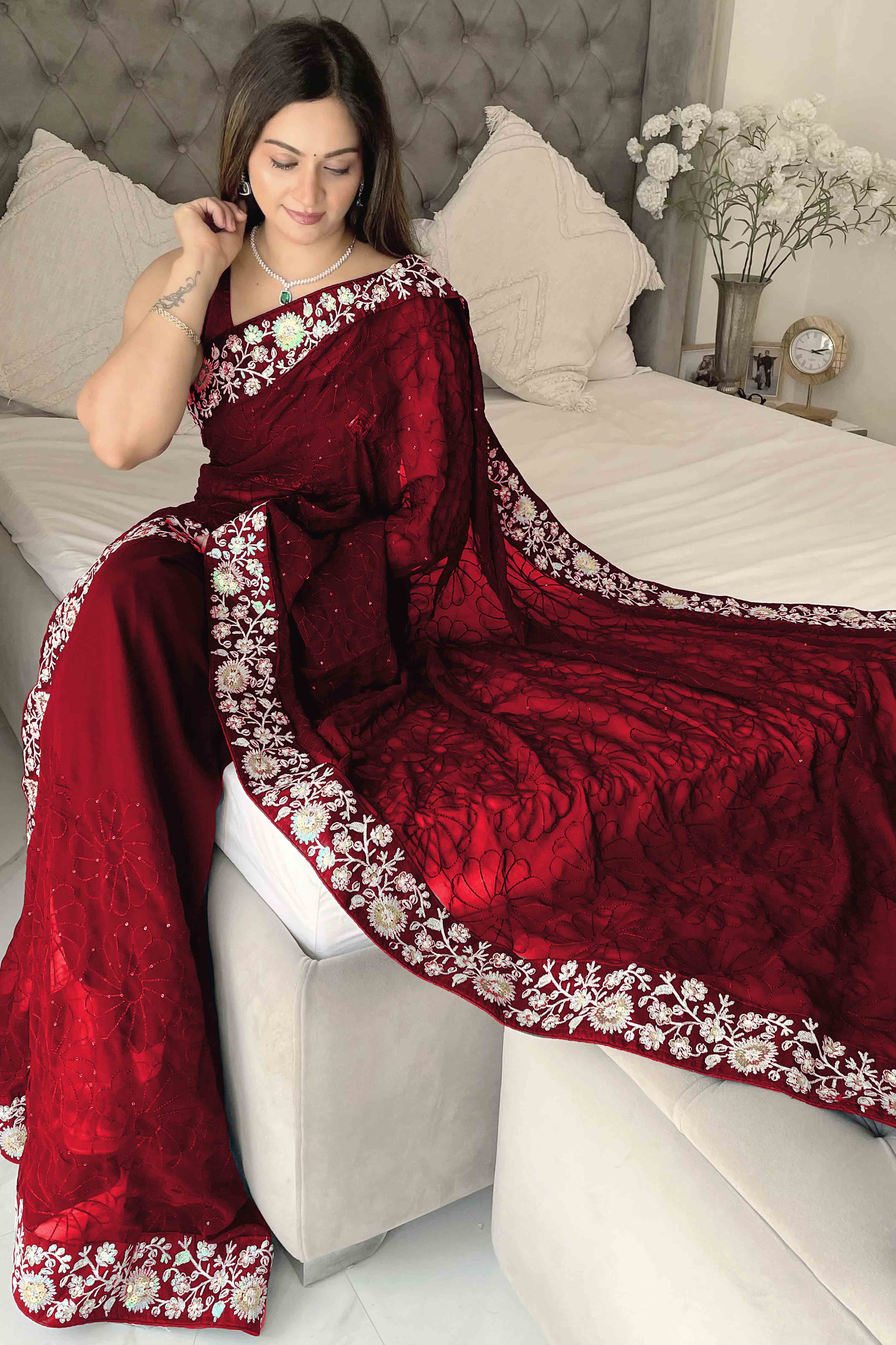 Red Designer Saree In Georgette With Delicate Floral Sequins Embroidery Work