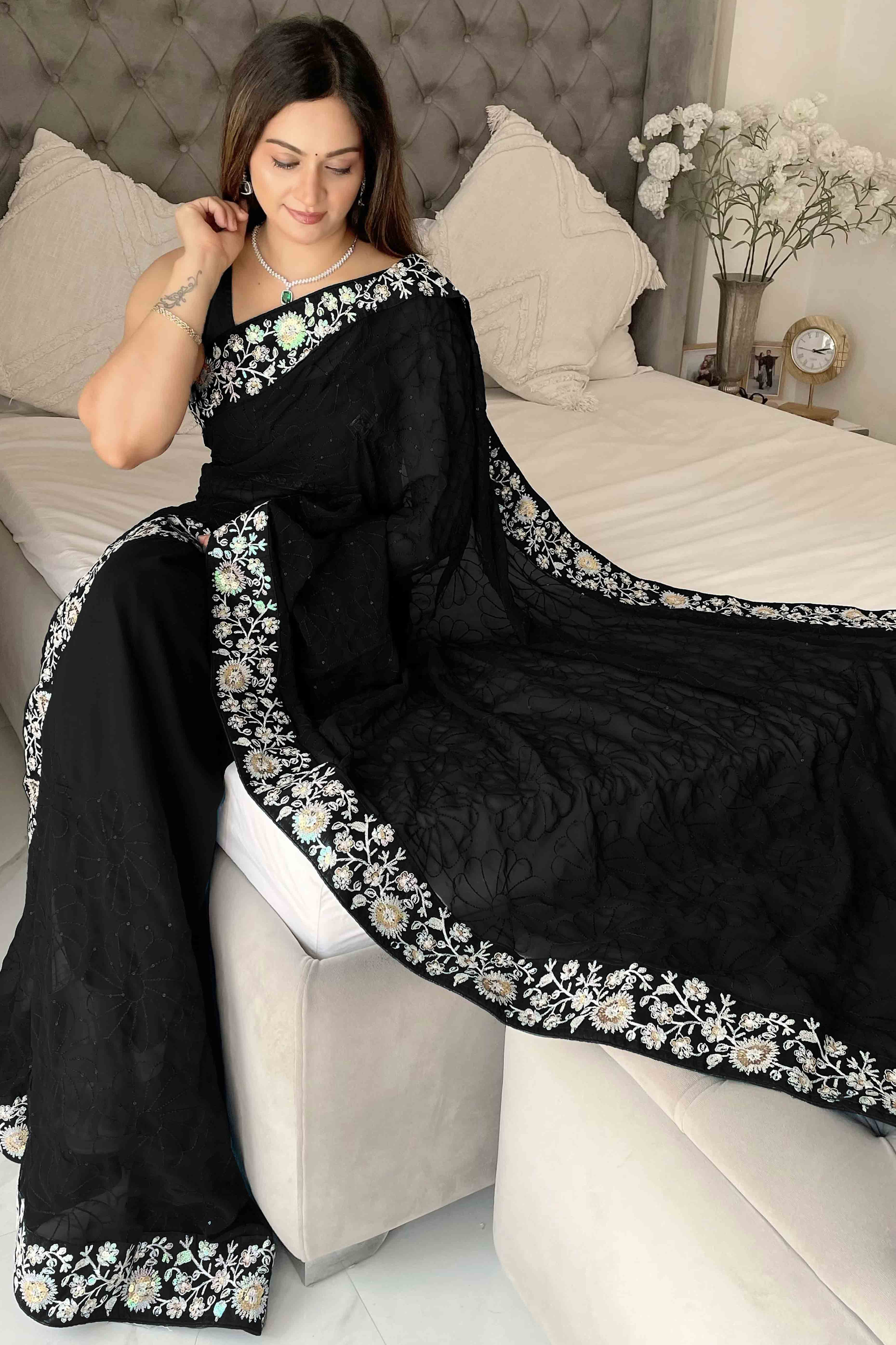 Black Designer Saree In Georgette With Delicate Floral Sequins Embroidery Work