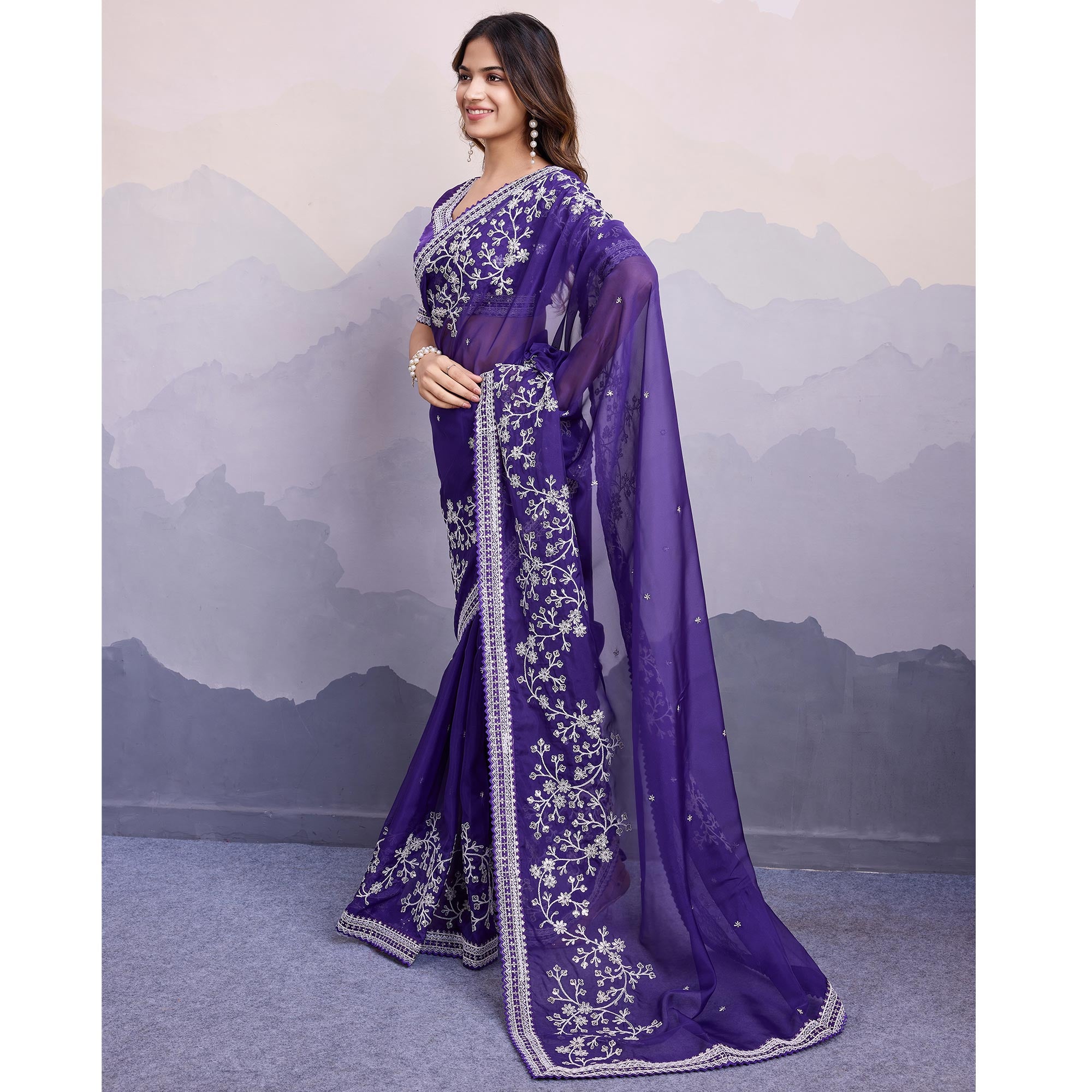Violet Blue Floral Sequins Embroidered Organza Saree With Lace Border