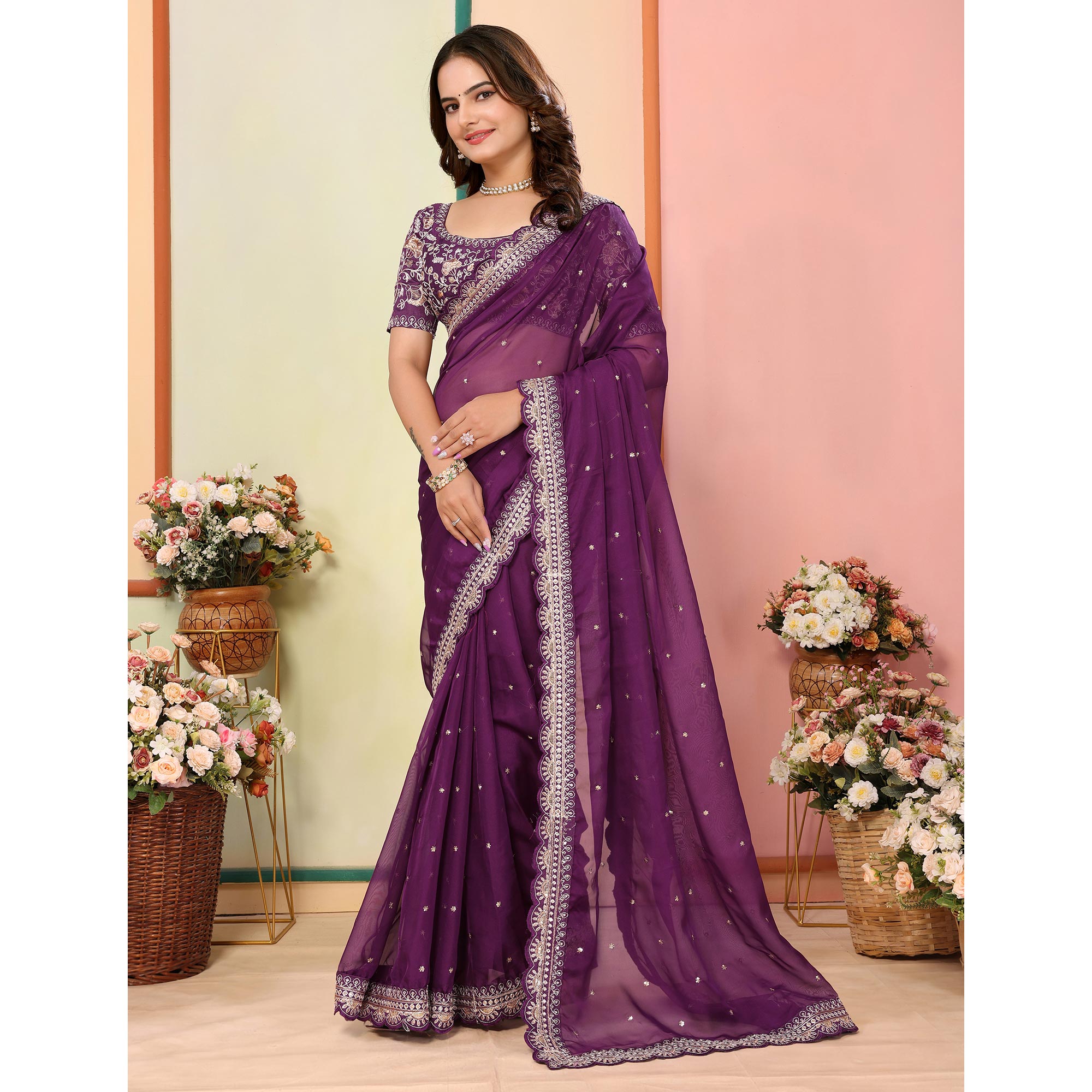 Purple Sequins Embroidered Embroidered Organza Saree