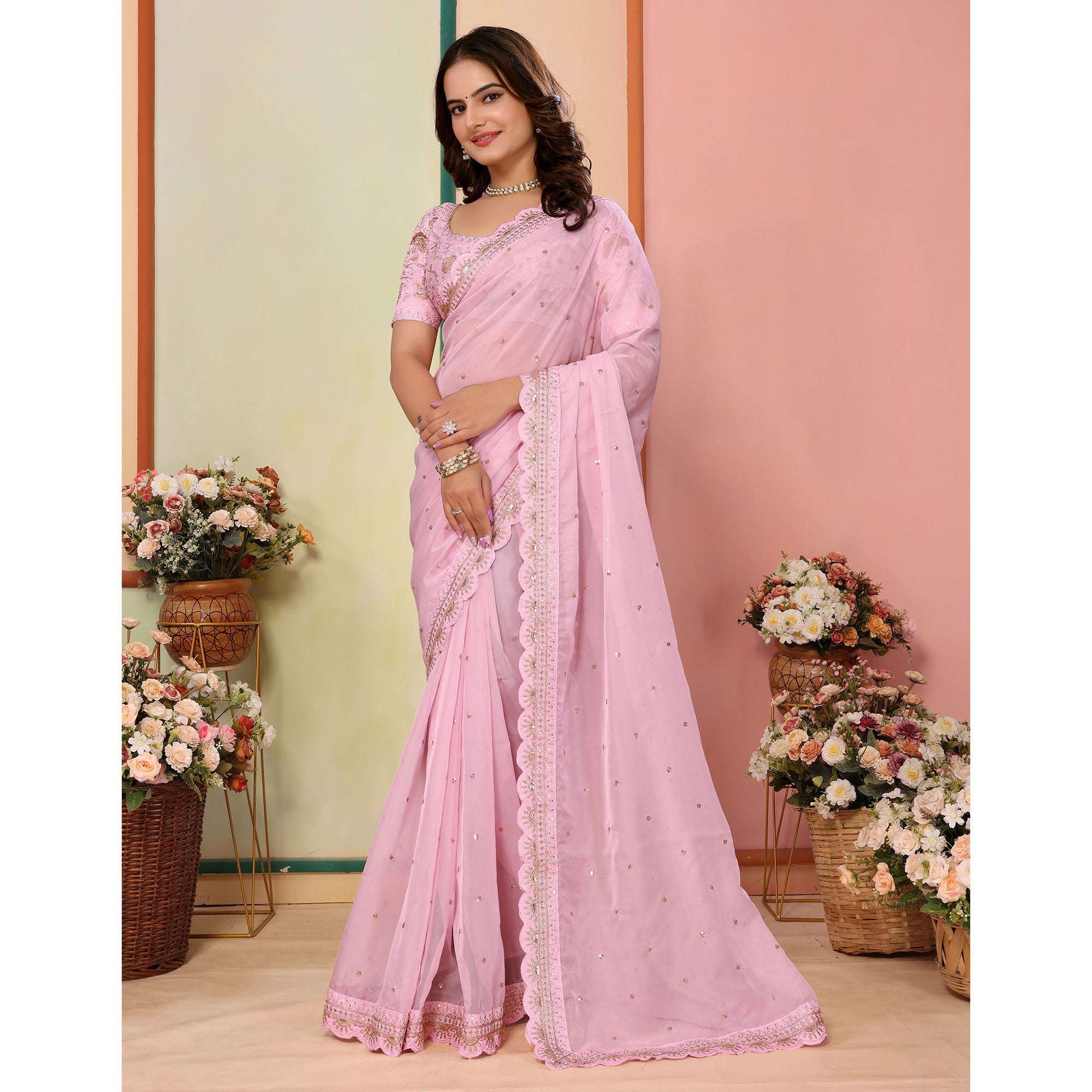 Pink Sequins Embroidered Embroidered Organza Saree