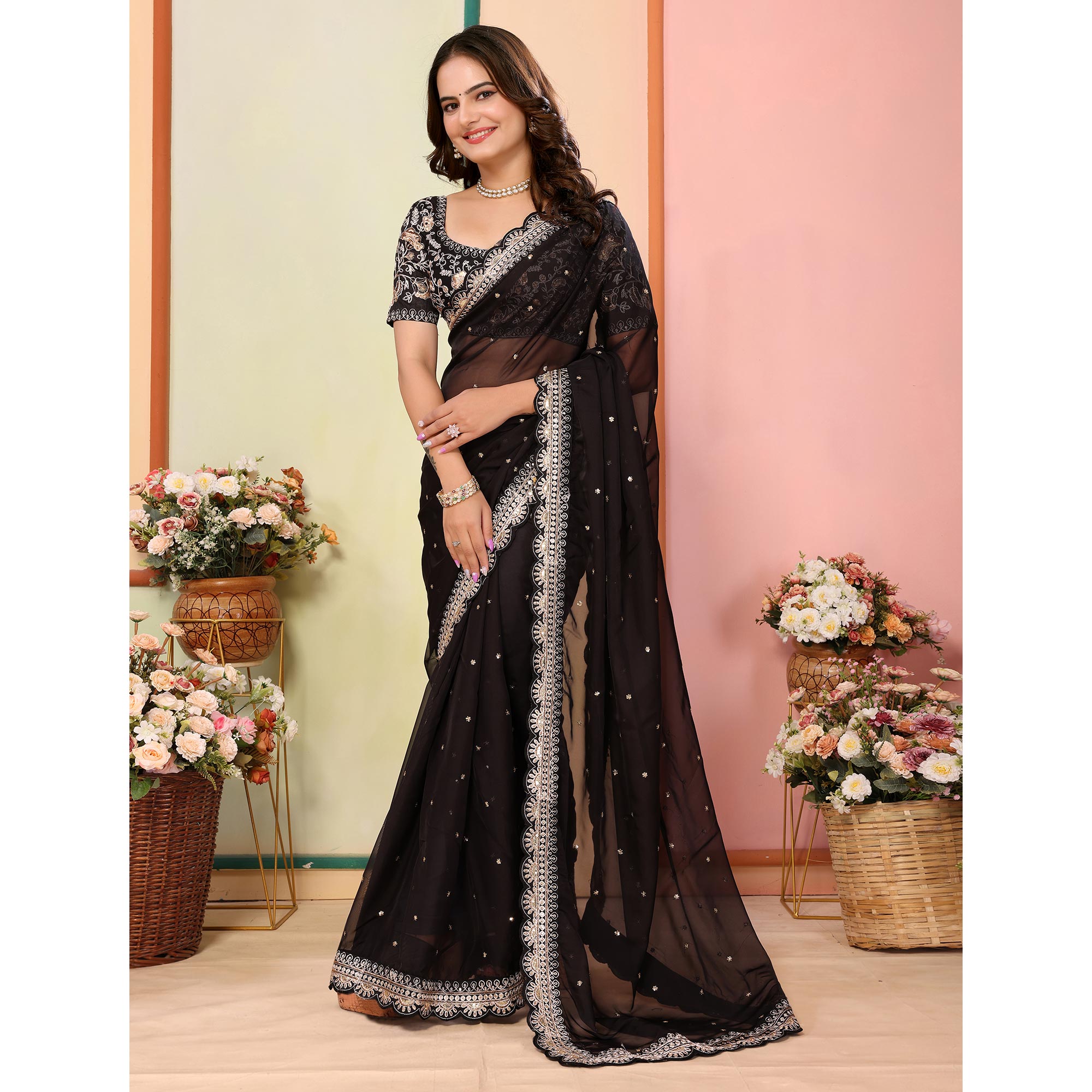 Black Sequins Embroidered Embroidered Organza Saree