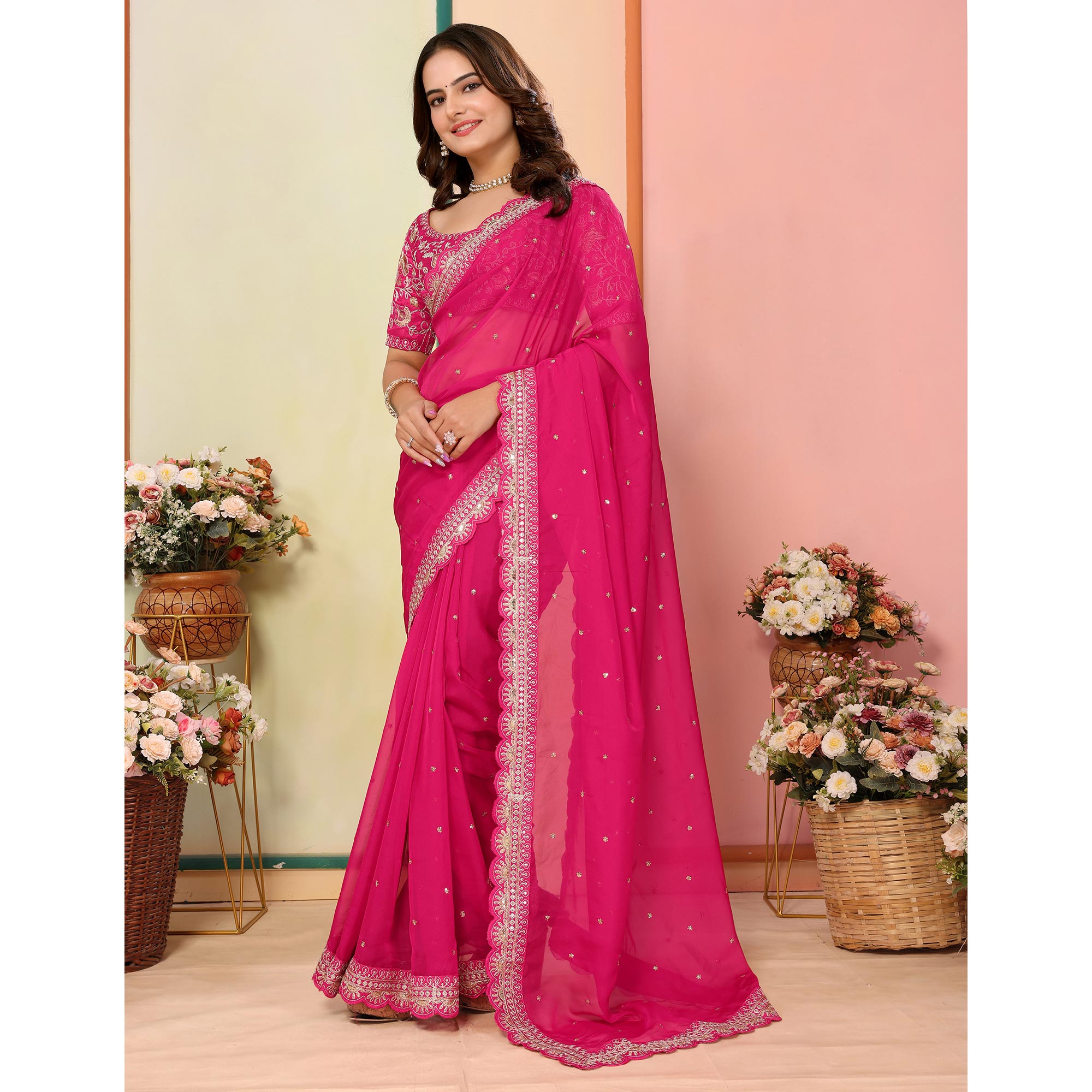 Rani Pink Sequins Embroidered Embroidered Organza Saree