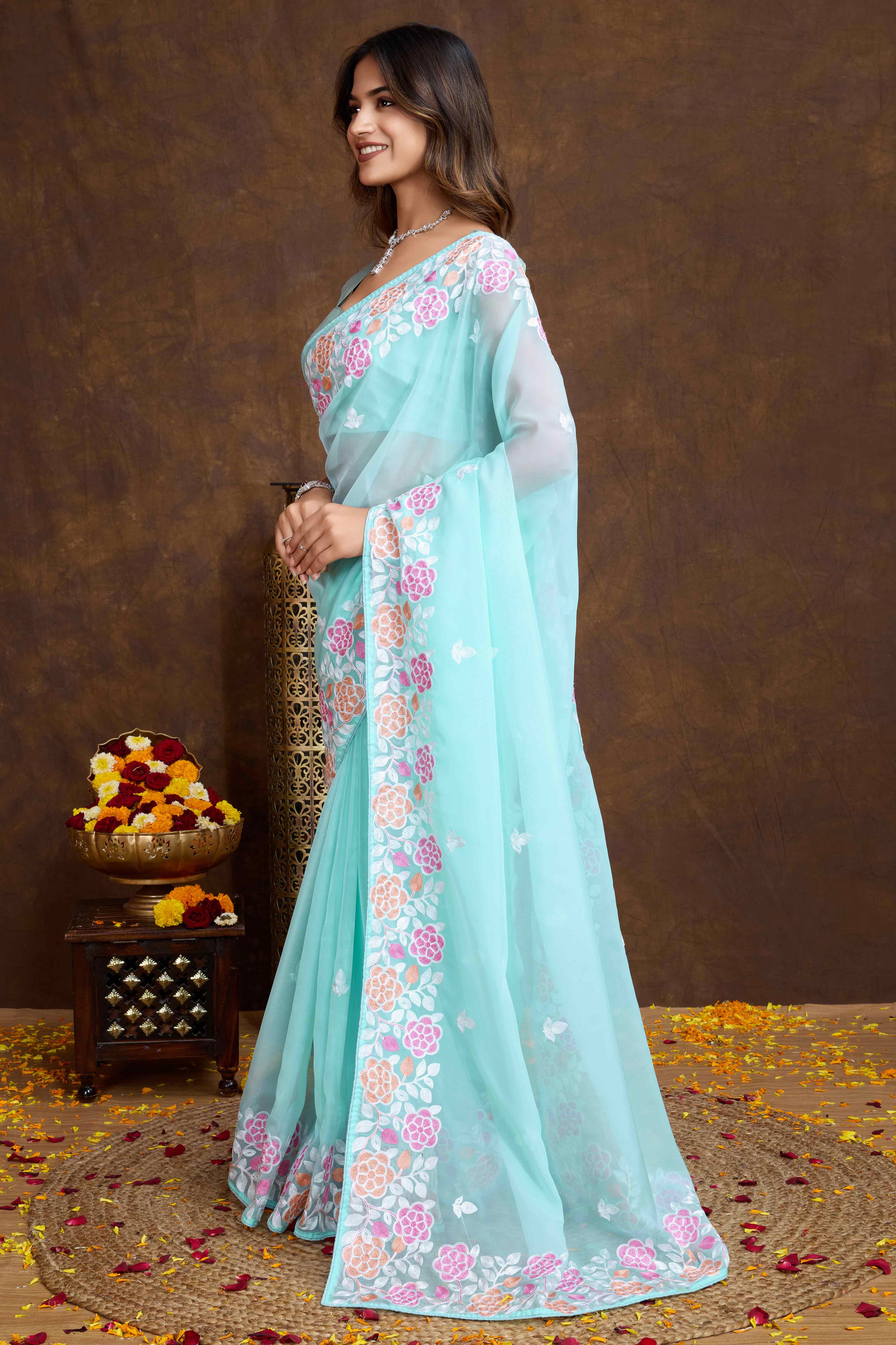 Blue Floral Sequins Embroidered Organza Silk Saree