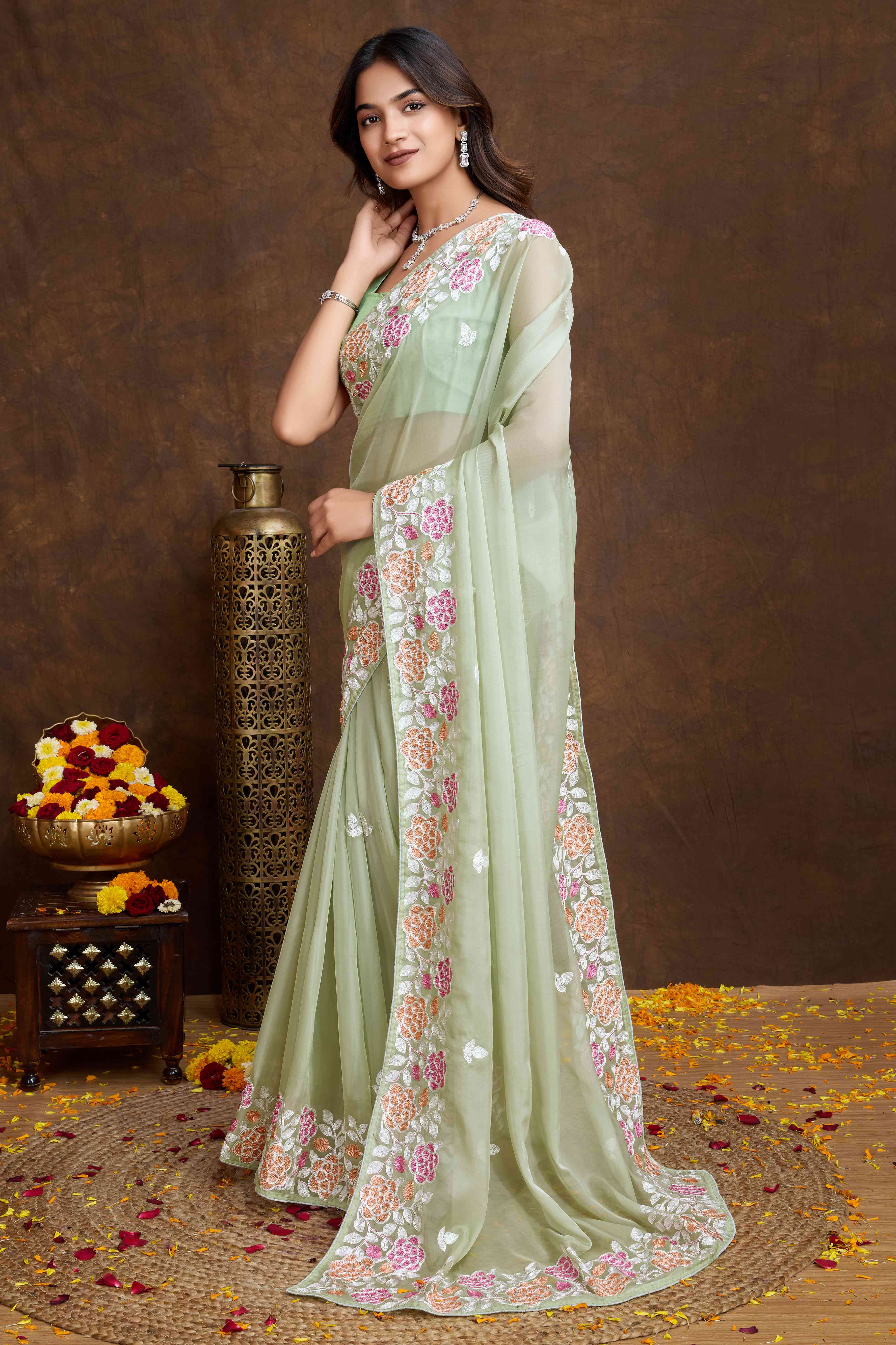 Green Floral Sequins Embroidered Organza Silk Saree