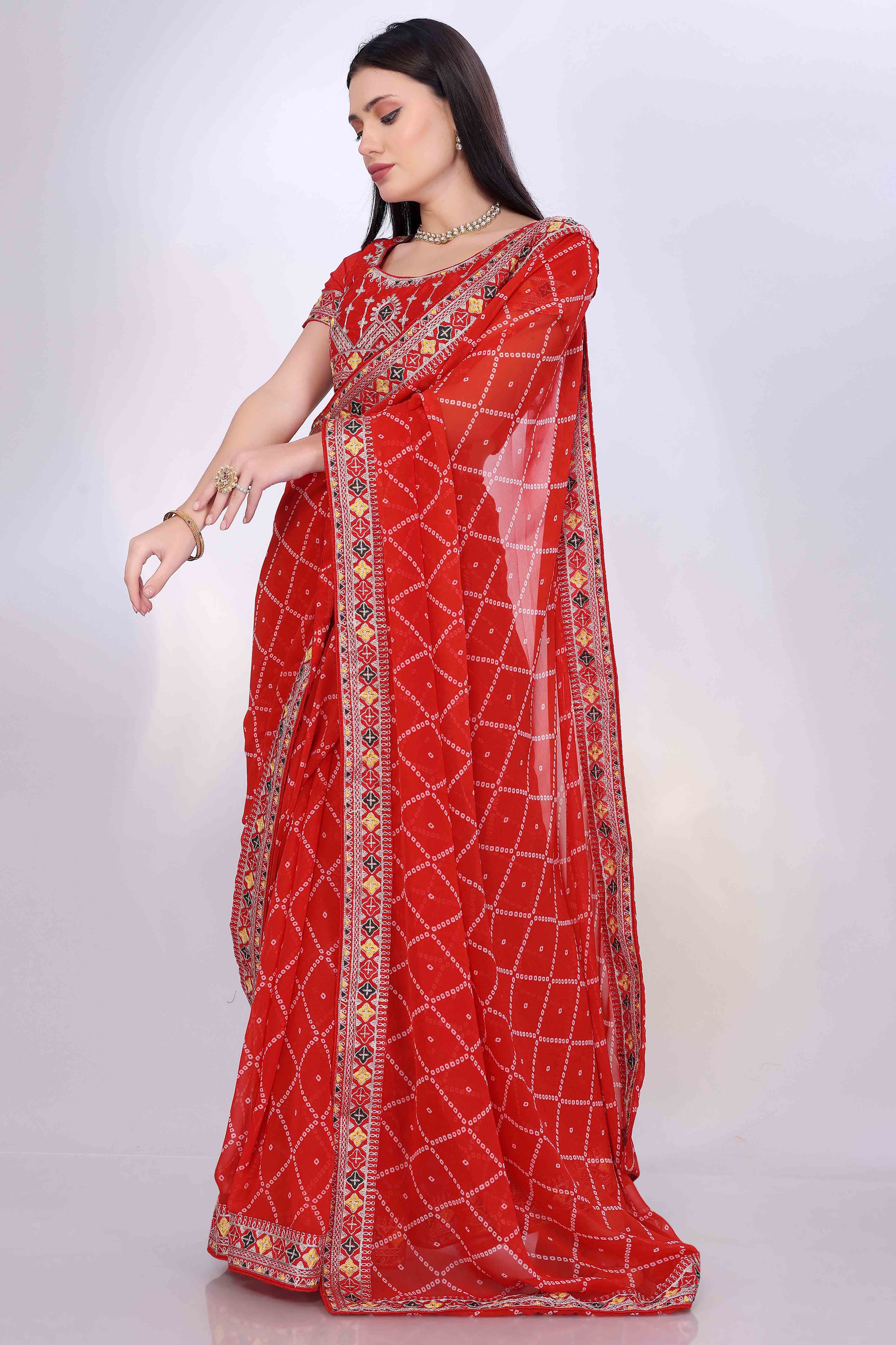 Red Bandhani Printed Georgette Saree Framed With Elegant Embroidered Border