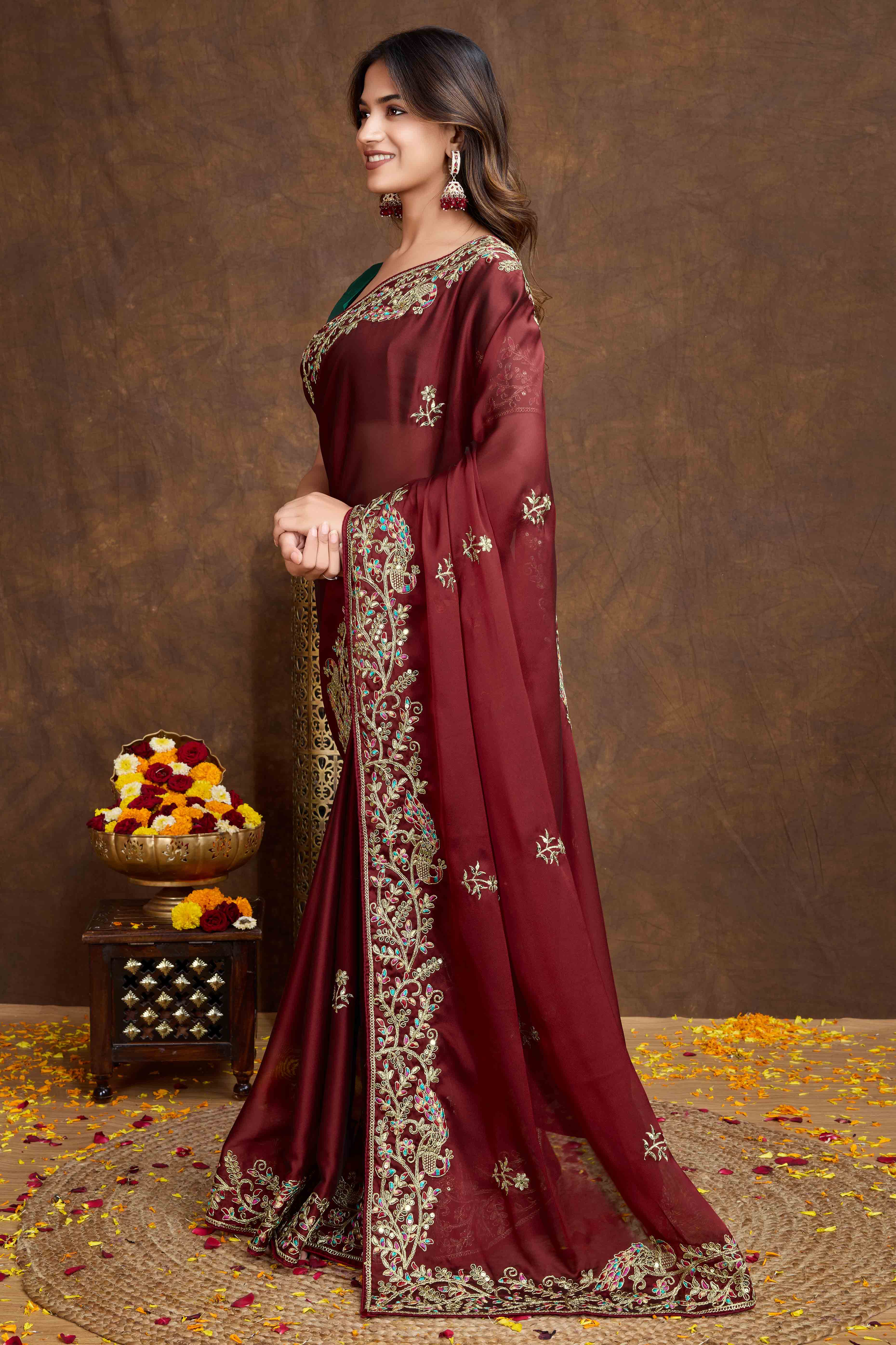 Maroon Floral Sequins Embroidered Vichitra Rangoli Silk Saree