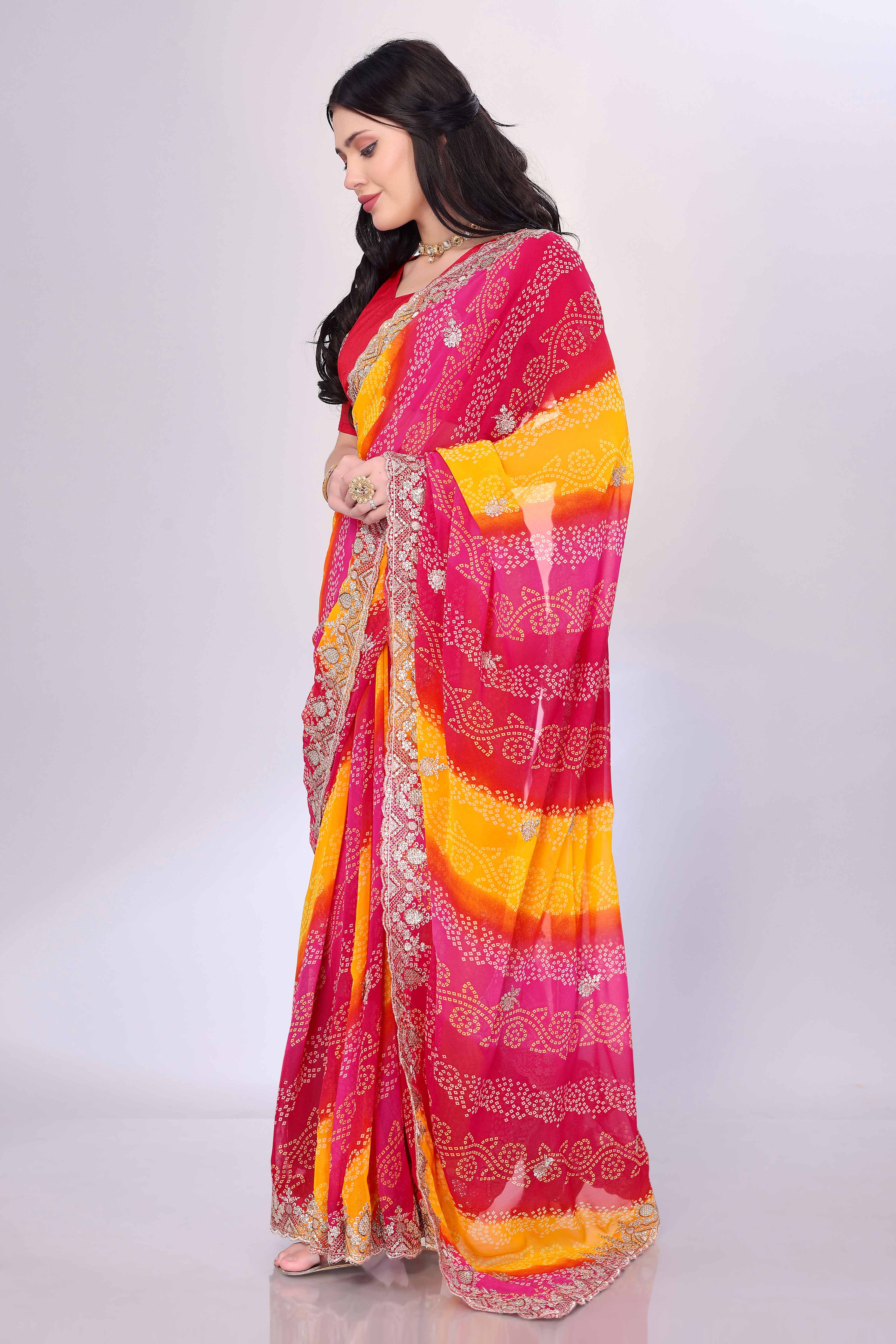 Pink Georgette Saree Showcasing Bandhani Print & Delicate Floral Sequins Embroidery