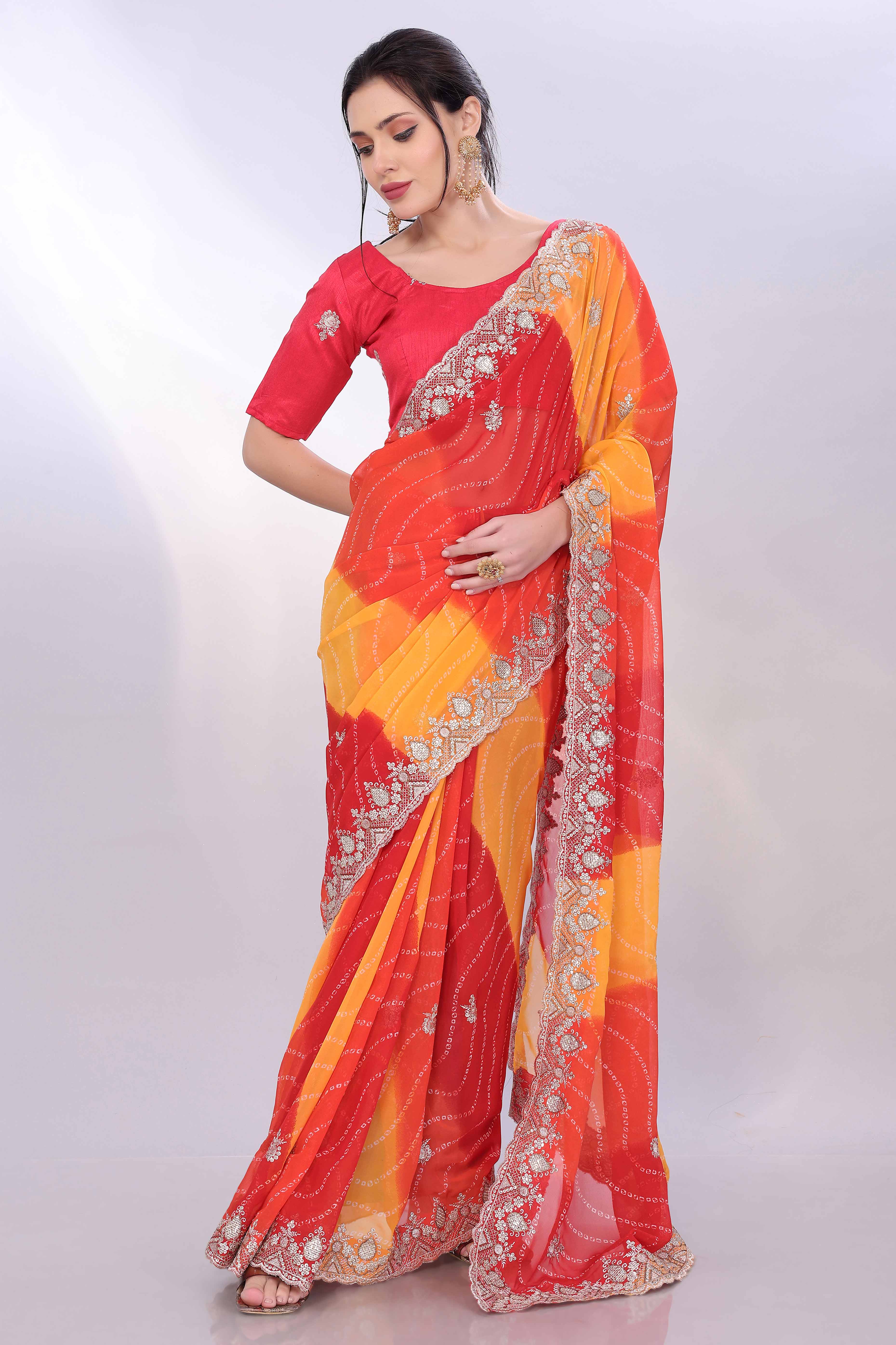 Red & Yellow Georgette Saree Showcasing Bandhani Print & Delicate Floral Sequins Embroidery
