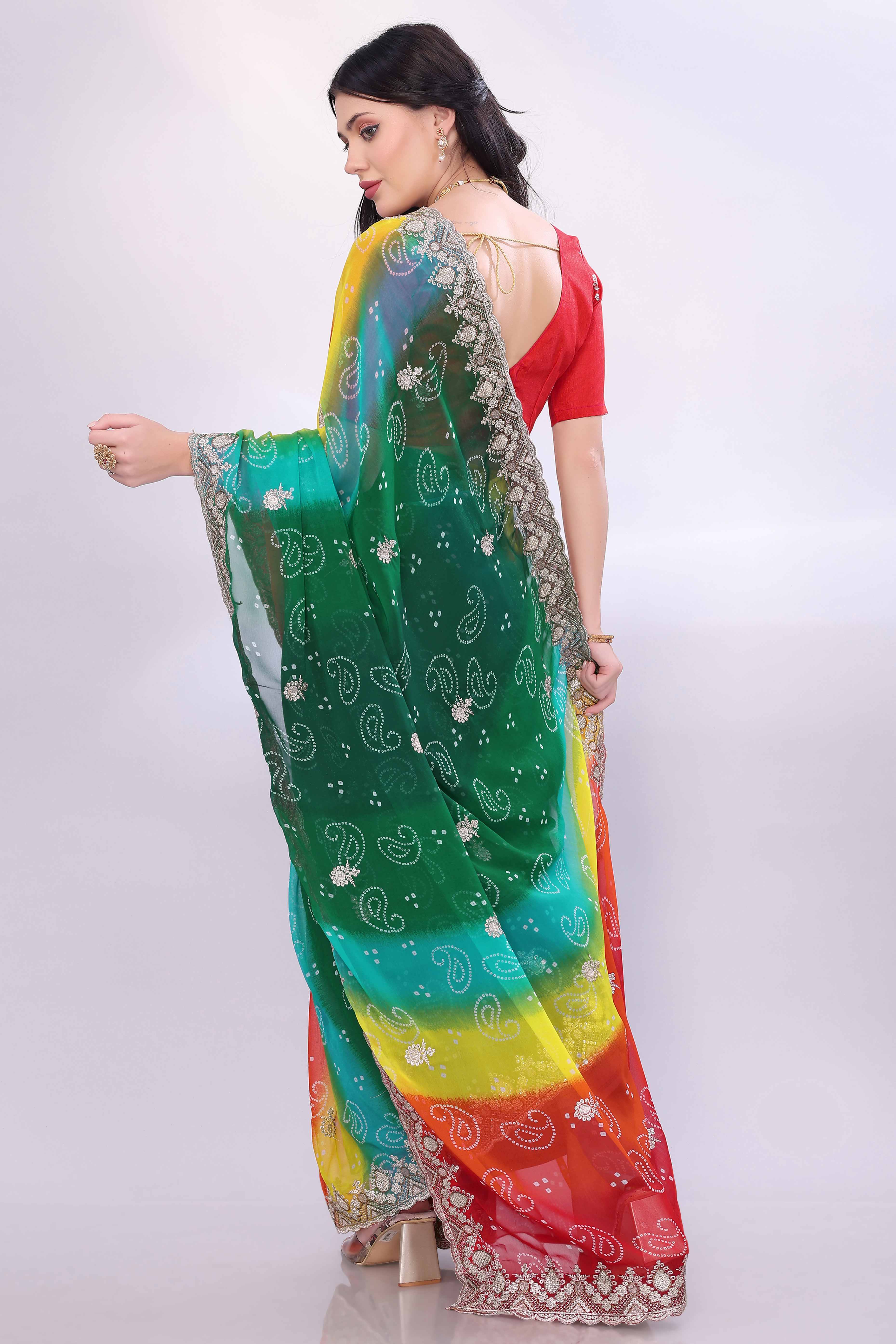 Multicolor Georgette Saree Showcasing Bandhani Print & Delicate Floral Sequins Embroidery