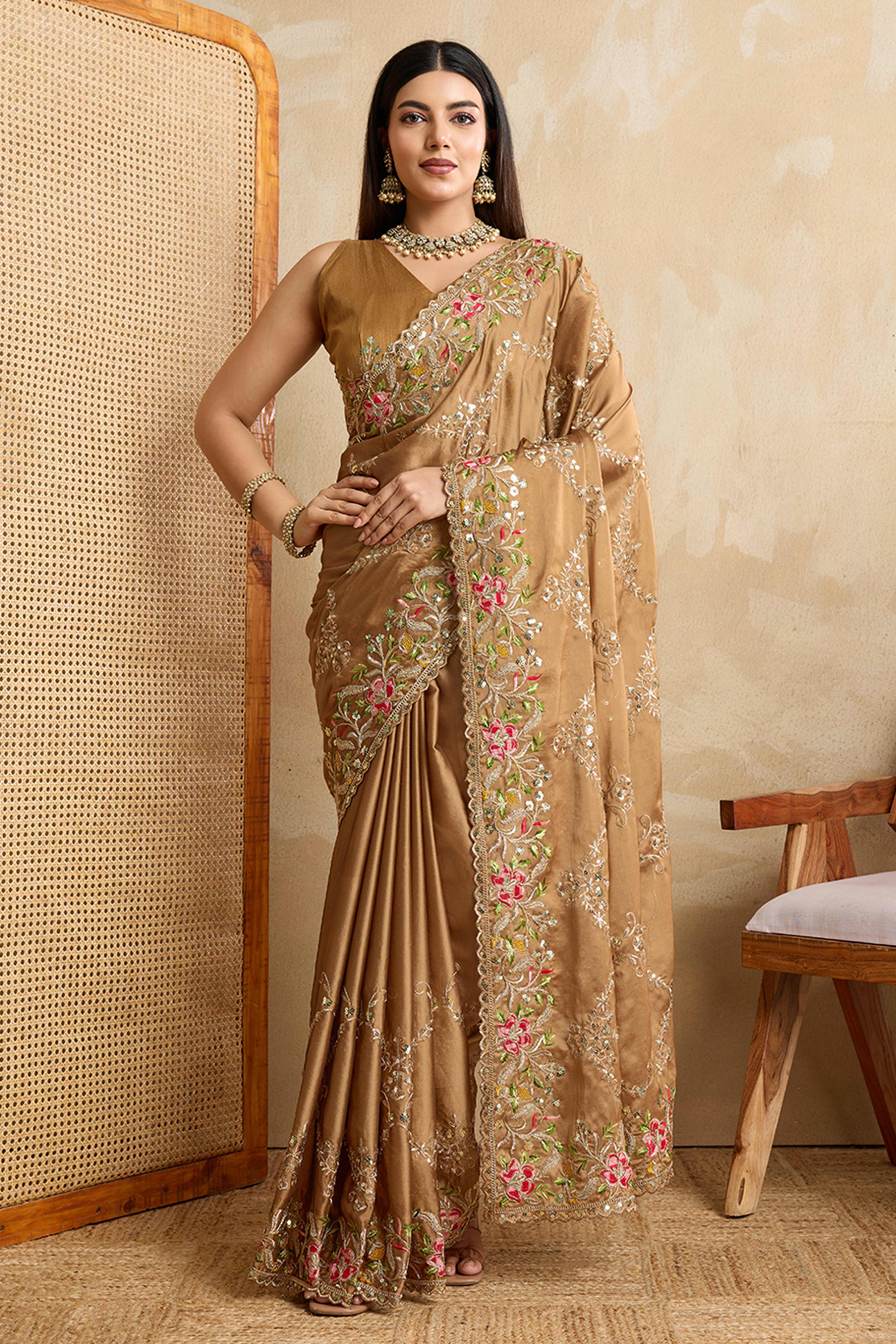 Brown Embroidered Art Silk Saree with Shimmering Sequin Highlights