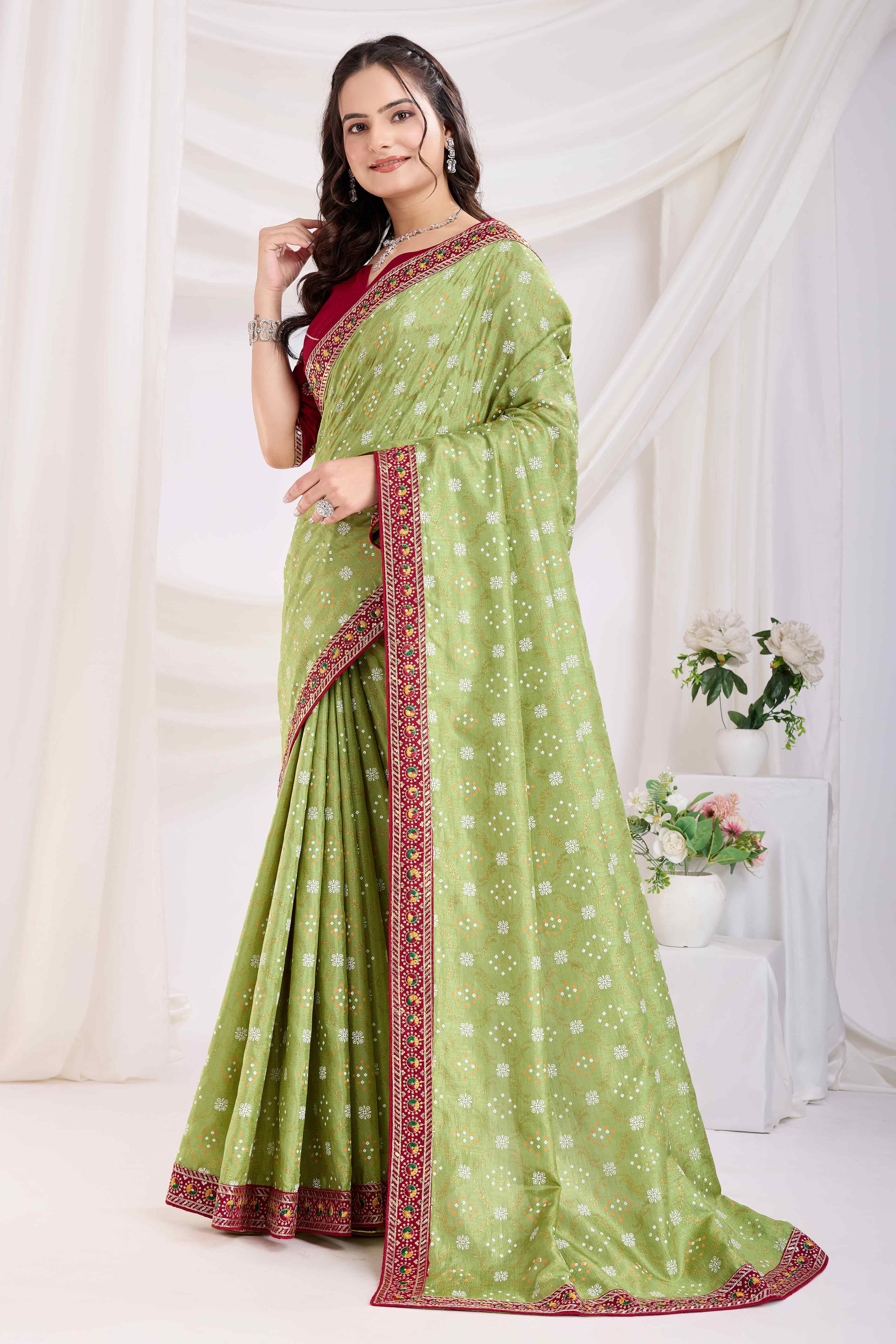 Green Bandhani Printed Vichitra Silk Saree With Embroidery Border