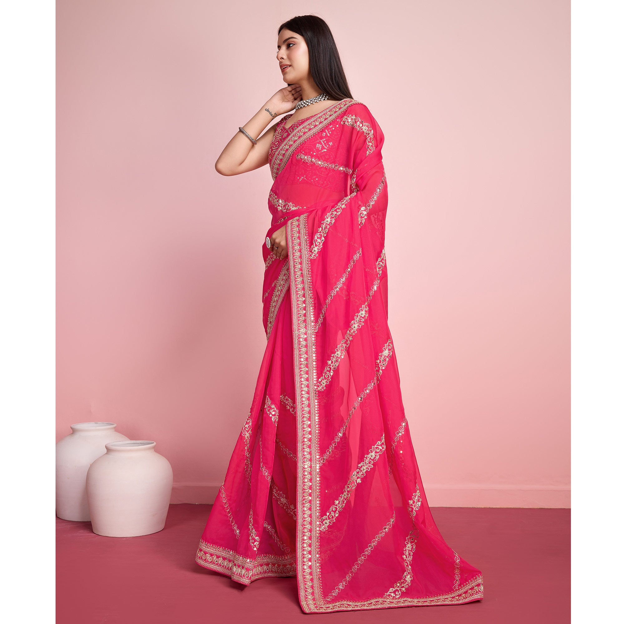 Pink Floral Sequins Embroidered Organza Saree