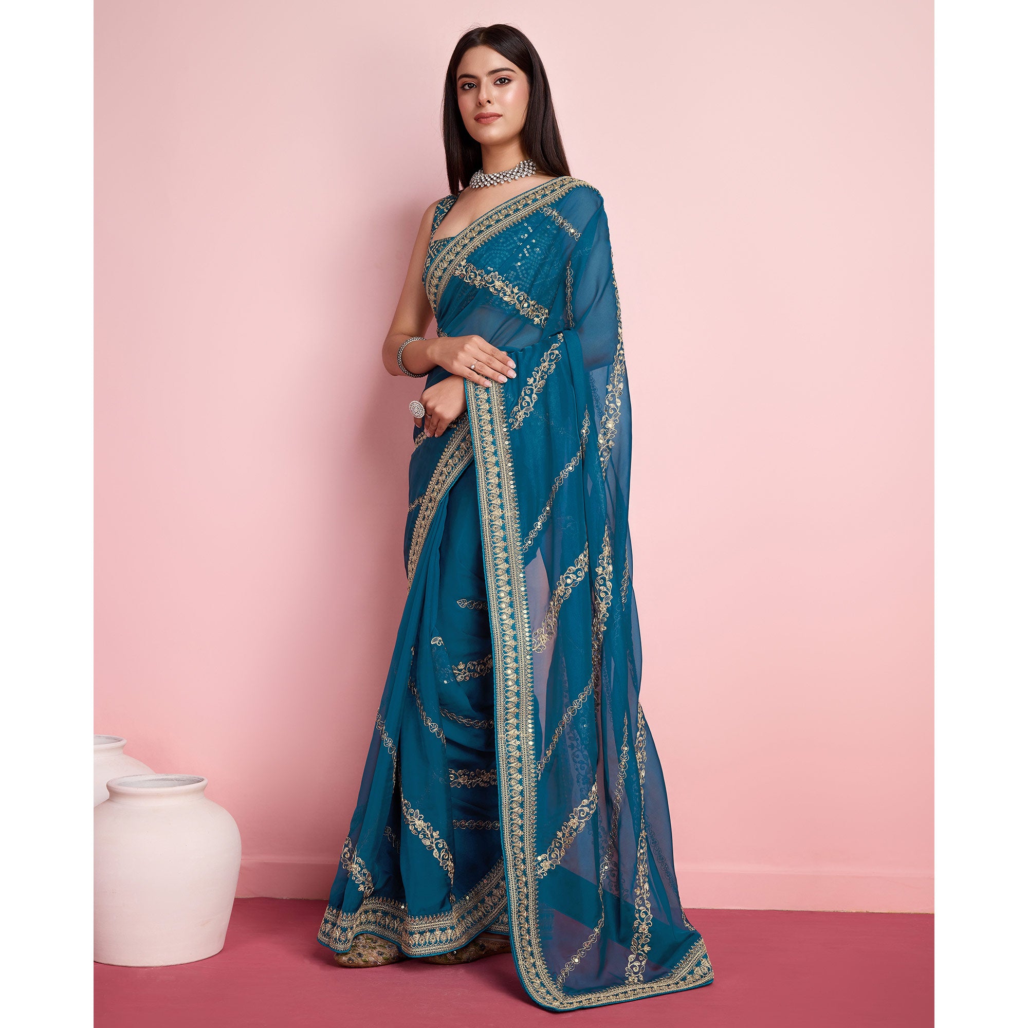 Blue Floral Sequins Embroidered Organza Saree