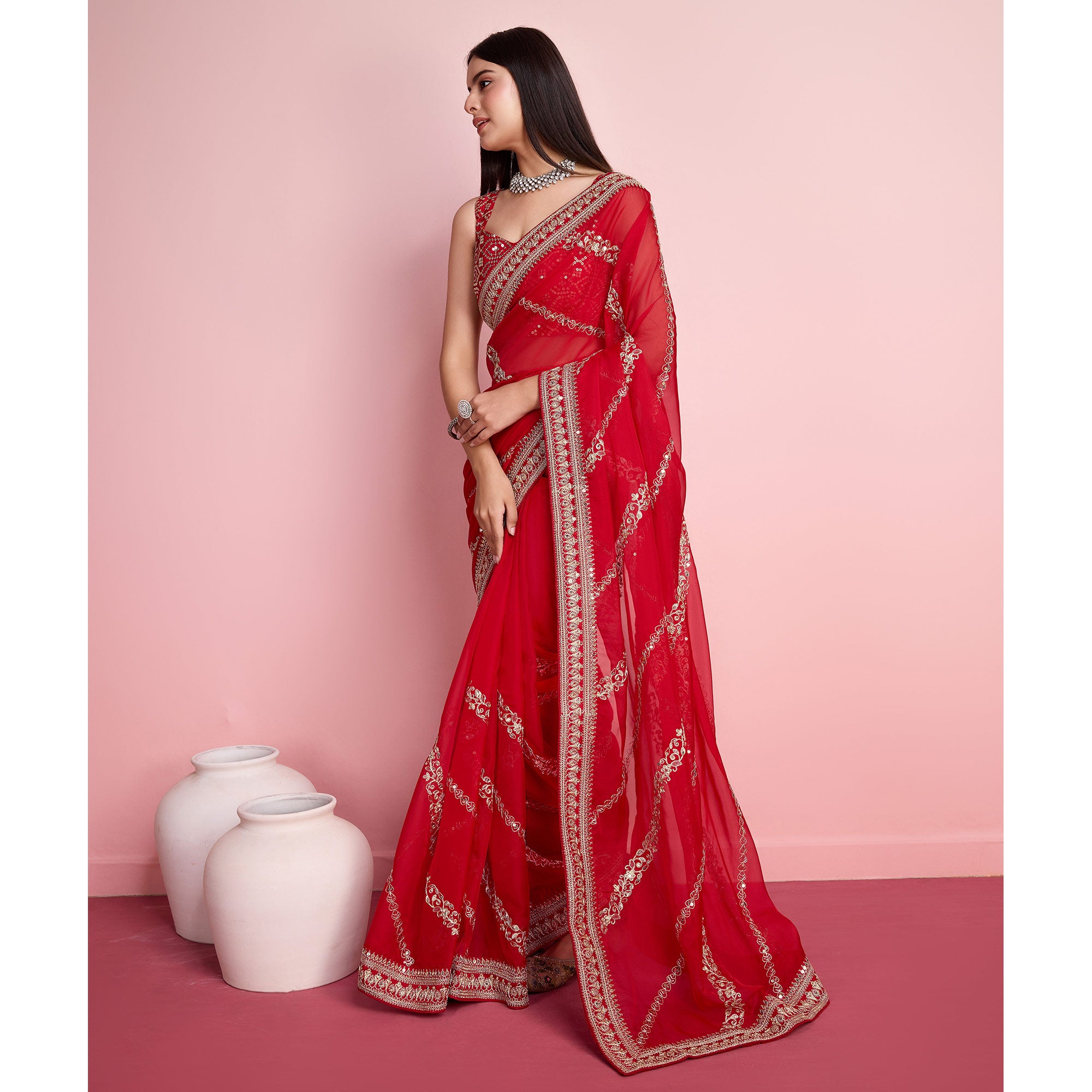 Red Floral Sequins Embroidered Organza Saree