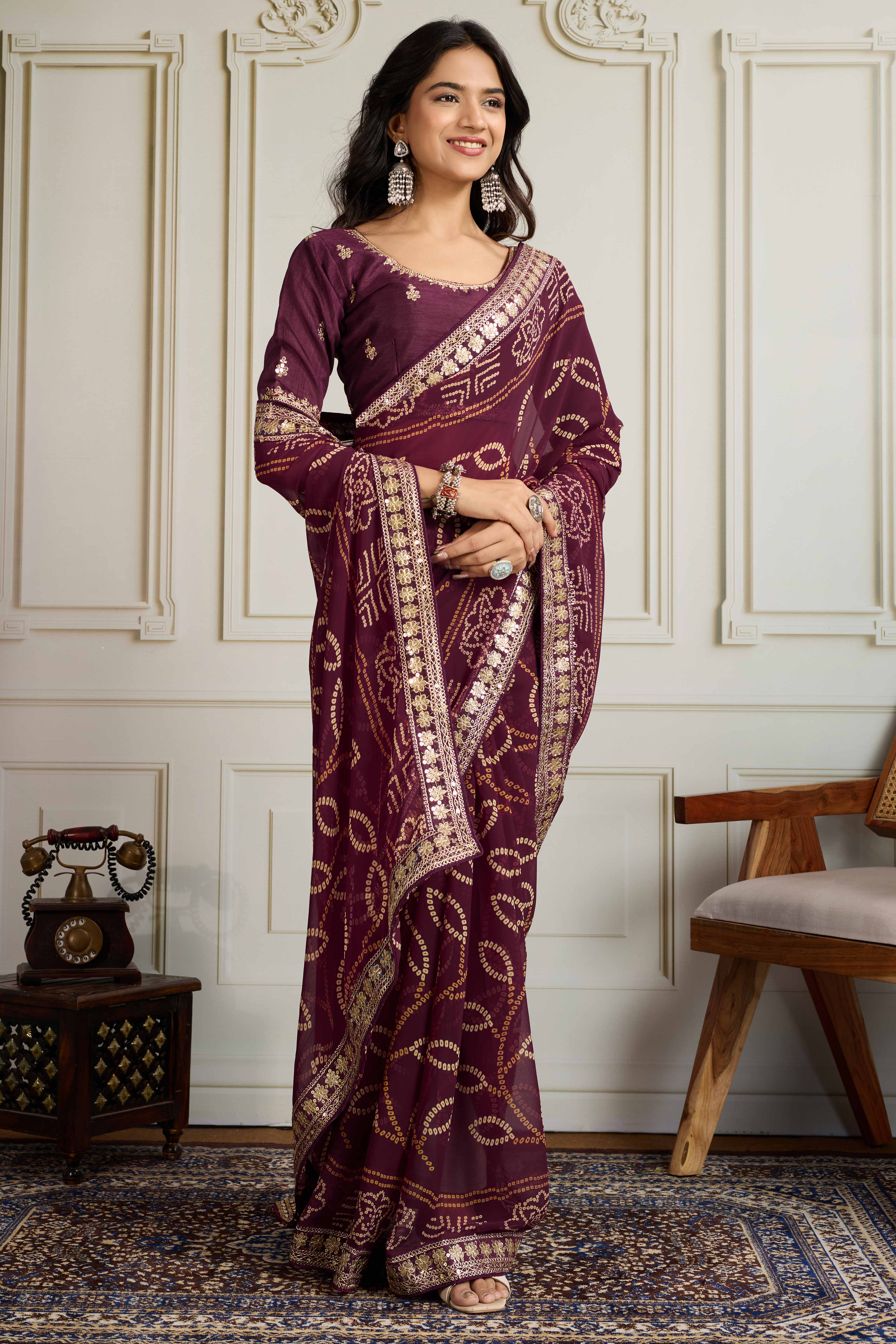 Wine Bandhani Digital Printed Georgette Saree Enhanced With Cording Embroidered Border