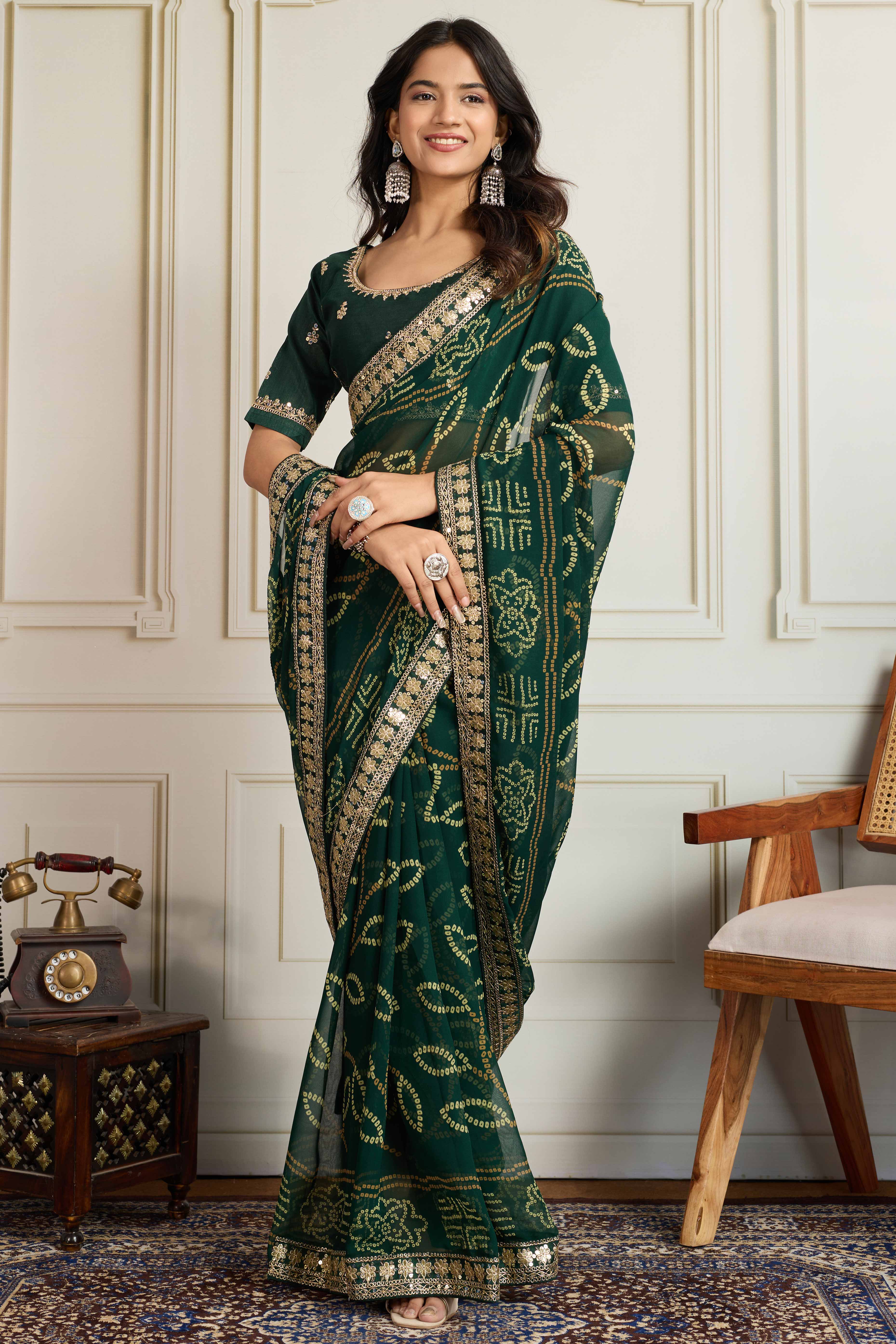 Dark Green Bandhani Digital Printed Georgette Saree Enhanced With Cording Embroidered Border