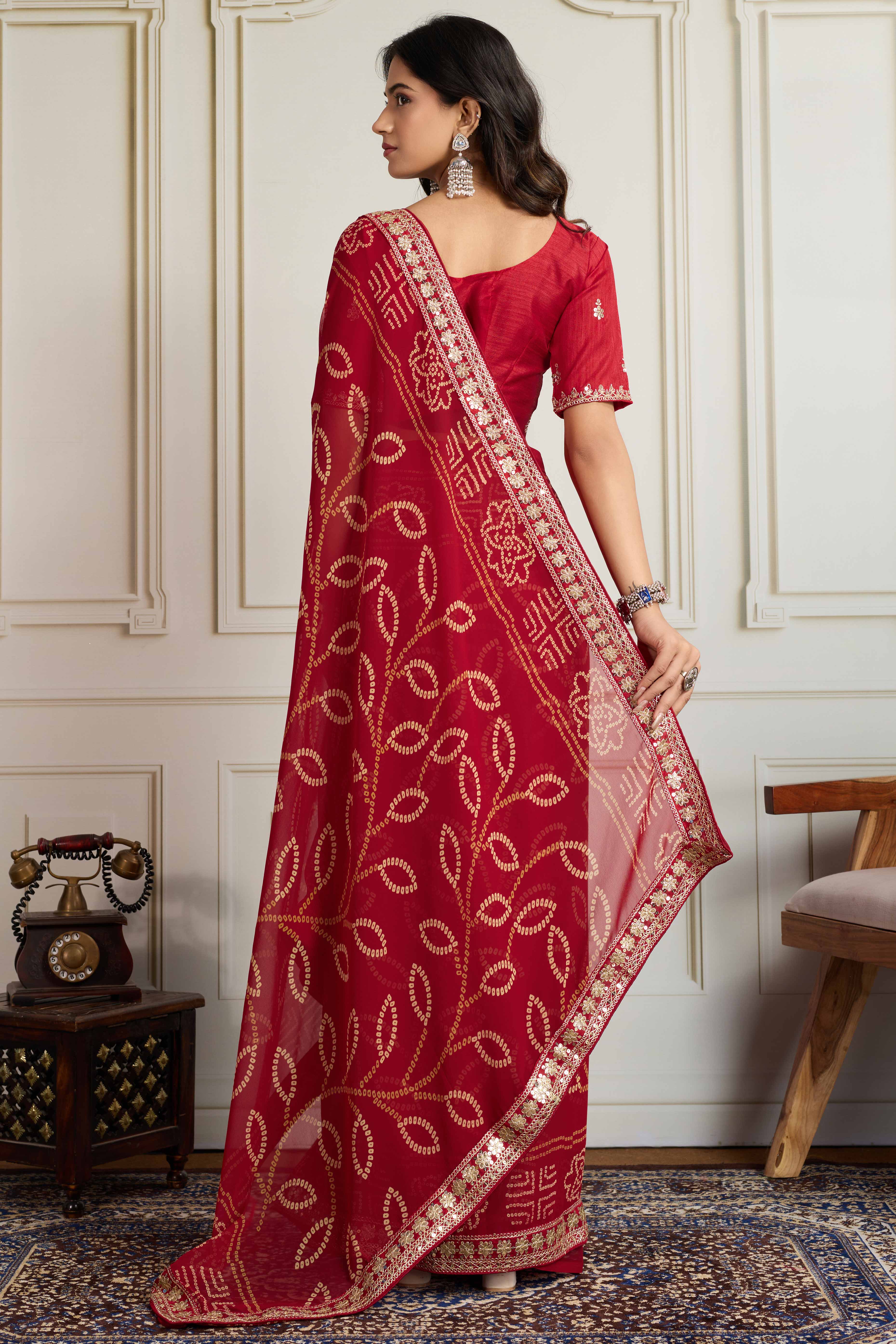 Red Bandhani Digital Printed Georgette Saree Enhanced With Cording Embroidered Border
