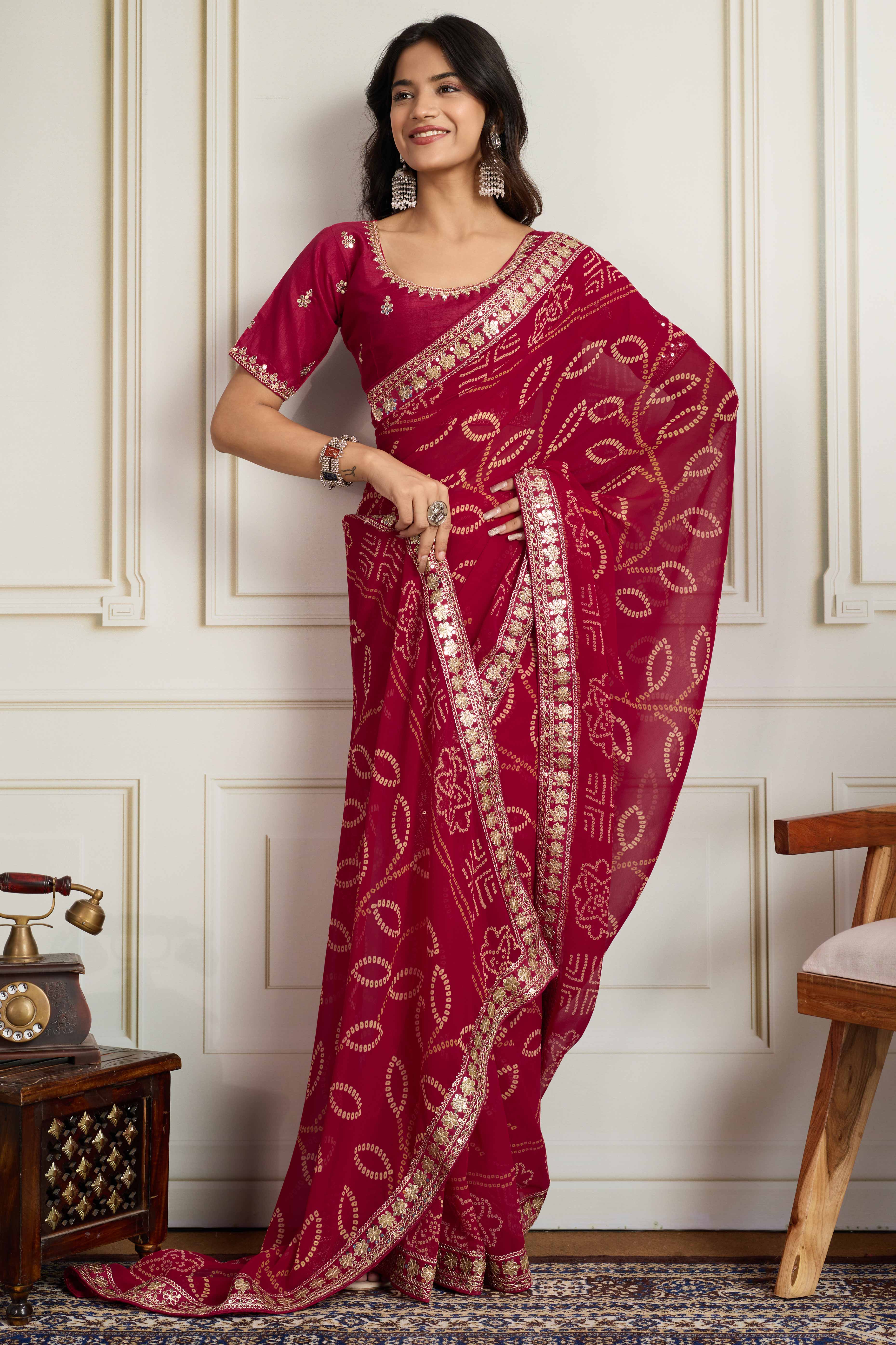 Pink Bandhani Digital Printed Georgette Saree Enhanced With Cording Embroidered Border