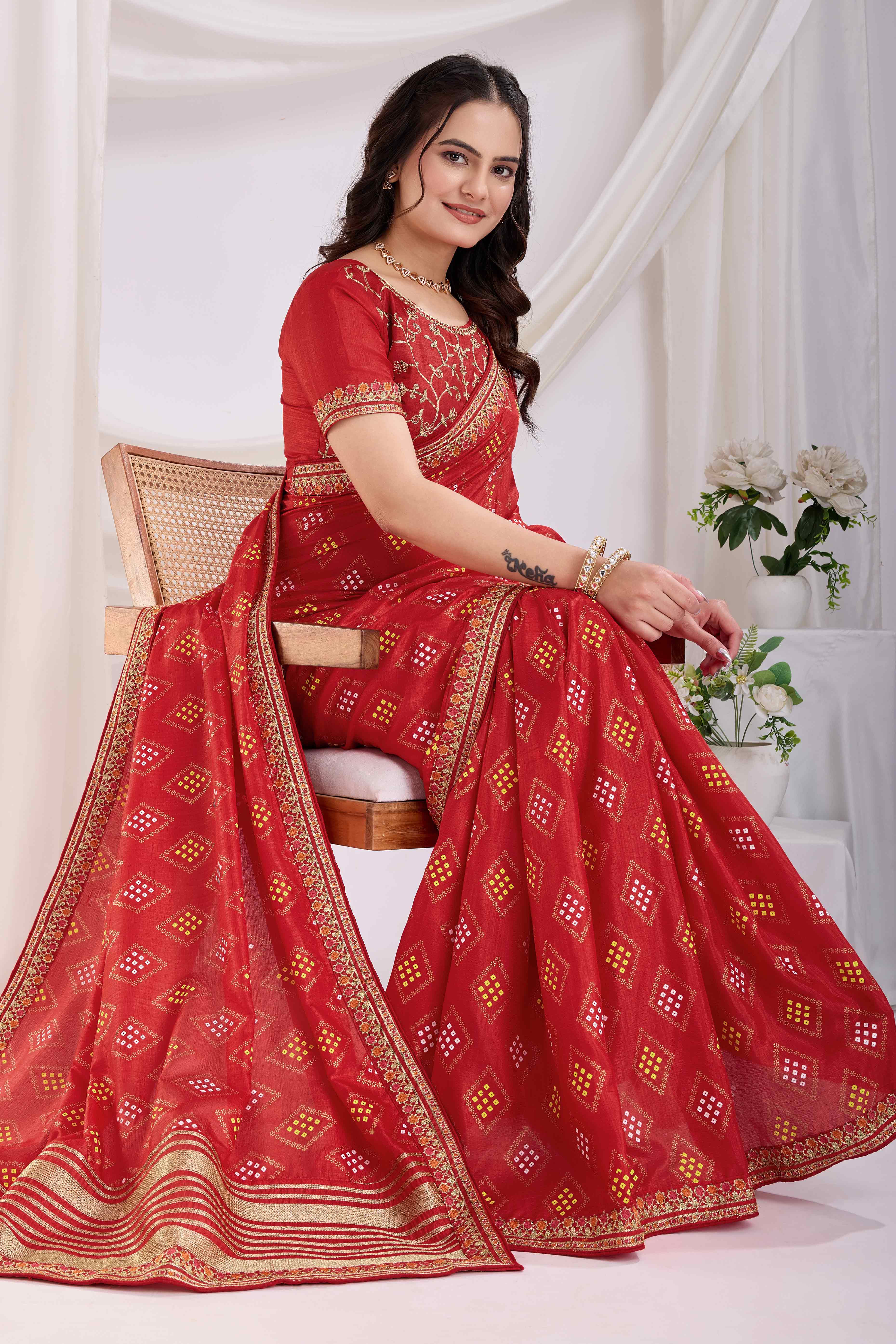 Red Bandhani Printed Vichitra Silk Saree With Embroidery Border