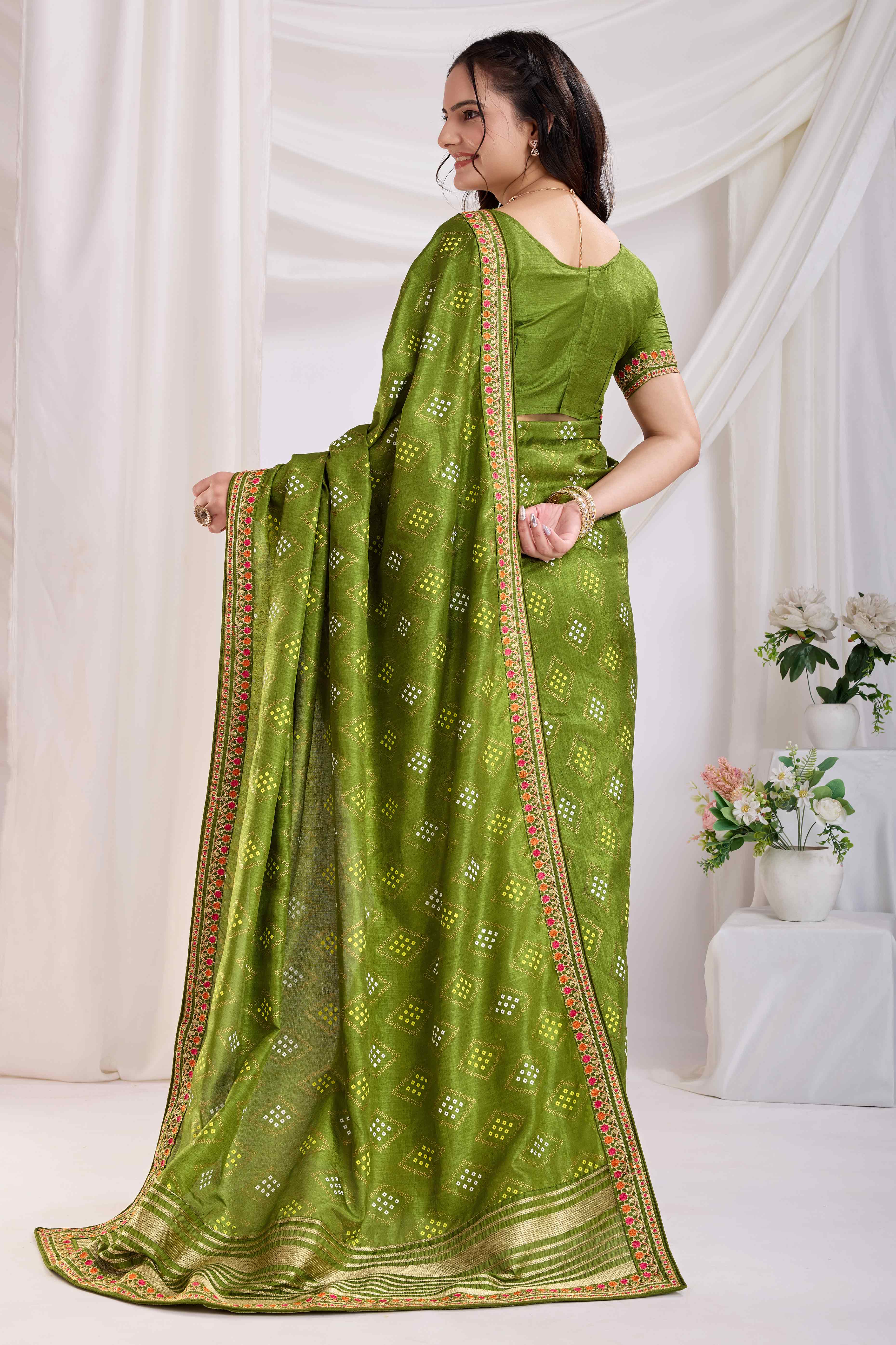 Green Bandhani Printed Vichitra Silk Saree With Embroidery Border