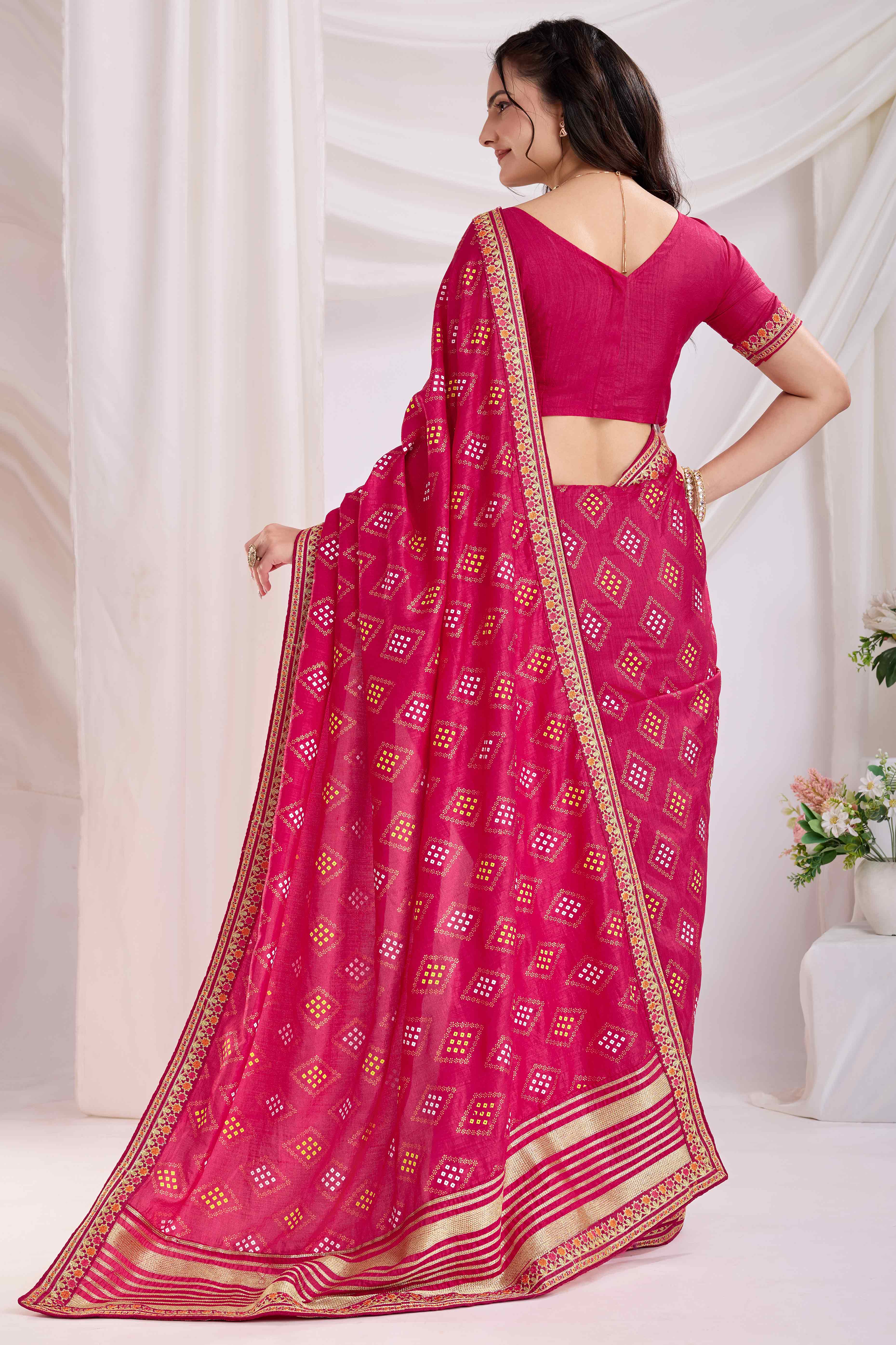 22Pink Bandhani Printed Vichitra Silk Saree With Embroidery Border