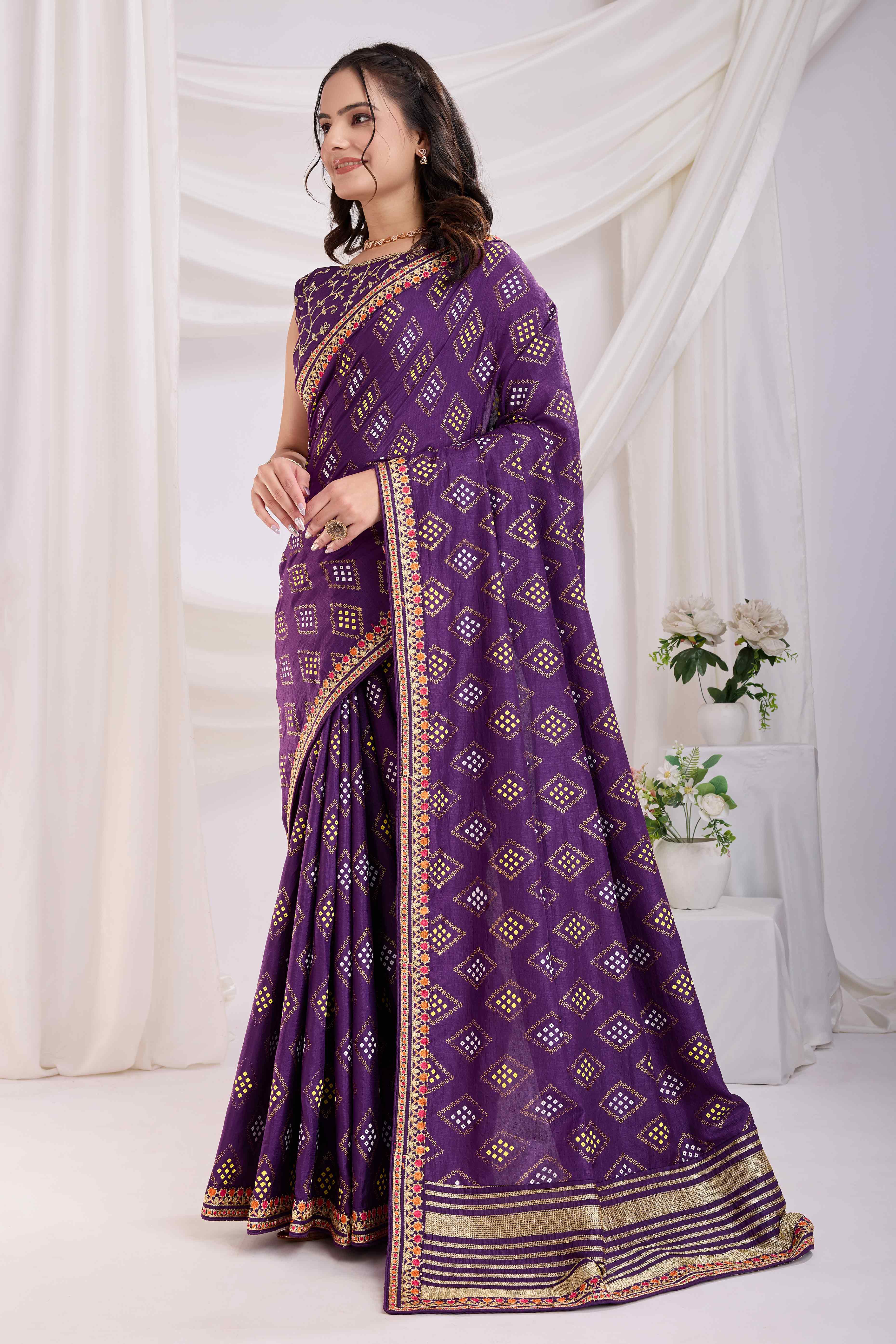 Purple Bandhani Printed Vichitra Silk Saree With Embroidery Border