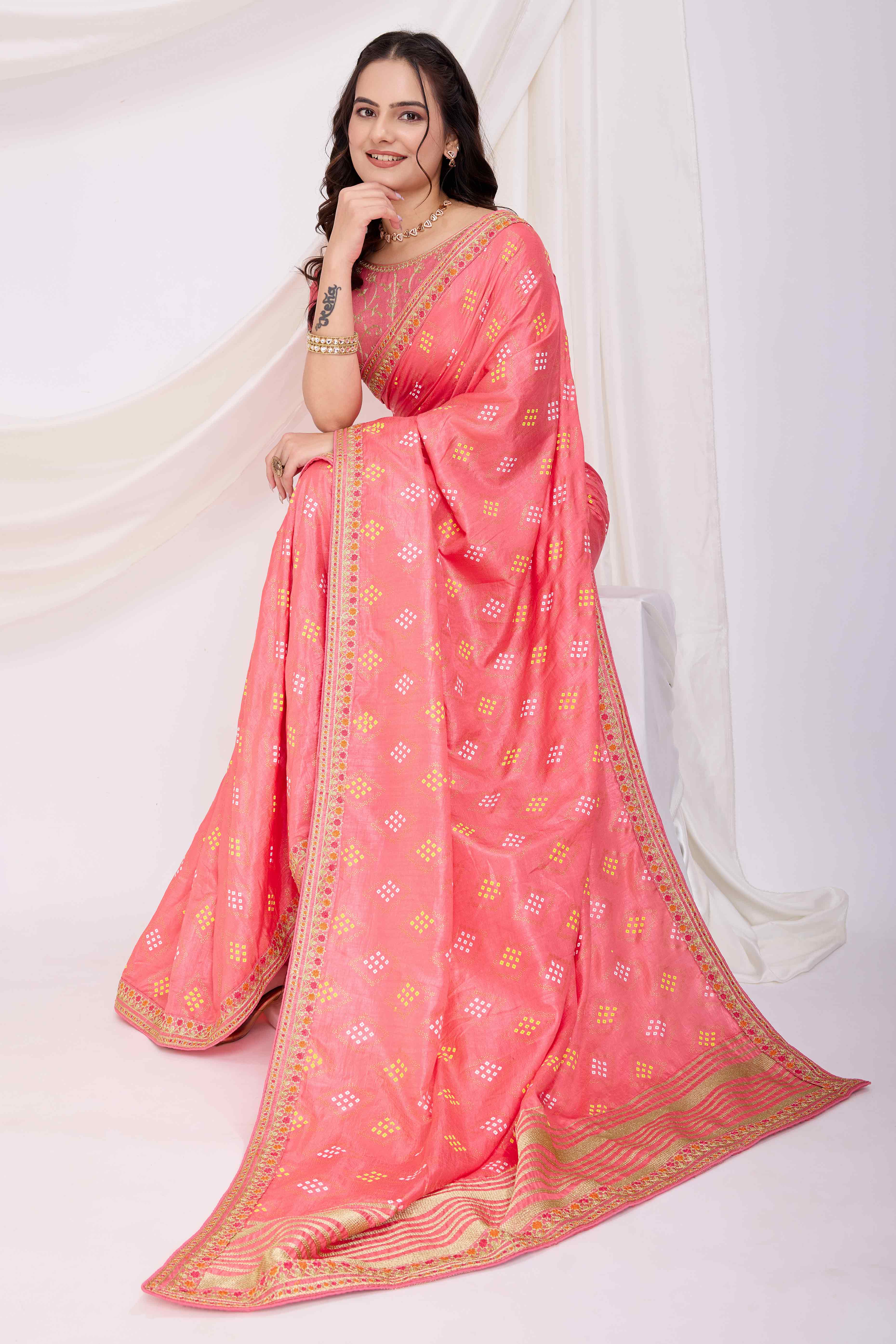 Peach Bandhani Printed Vichitra Silk Saree With Embroidery Border