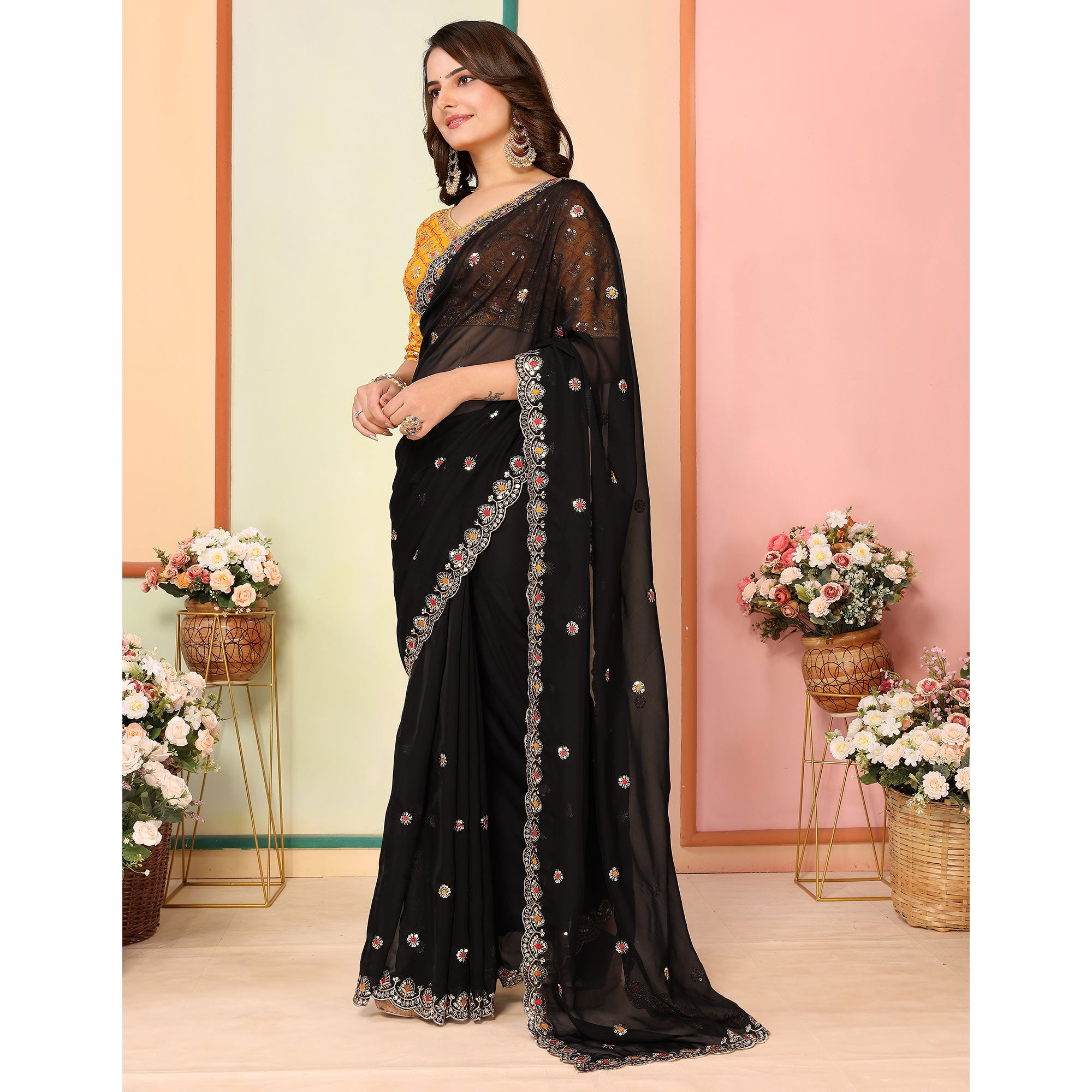 Black Sequins Embroidered Embroidered Organza Saree