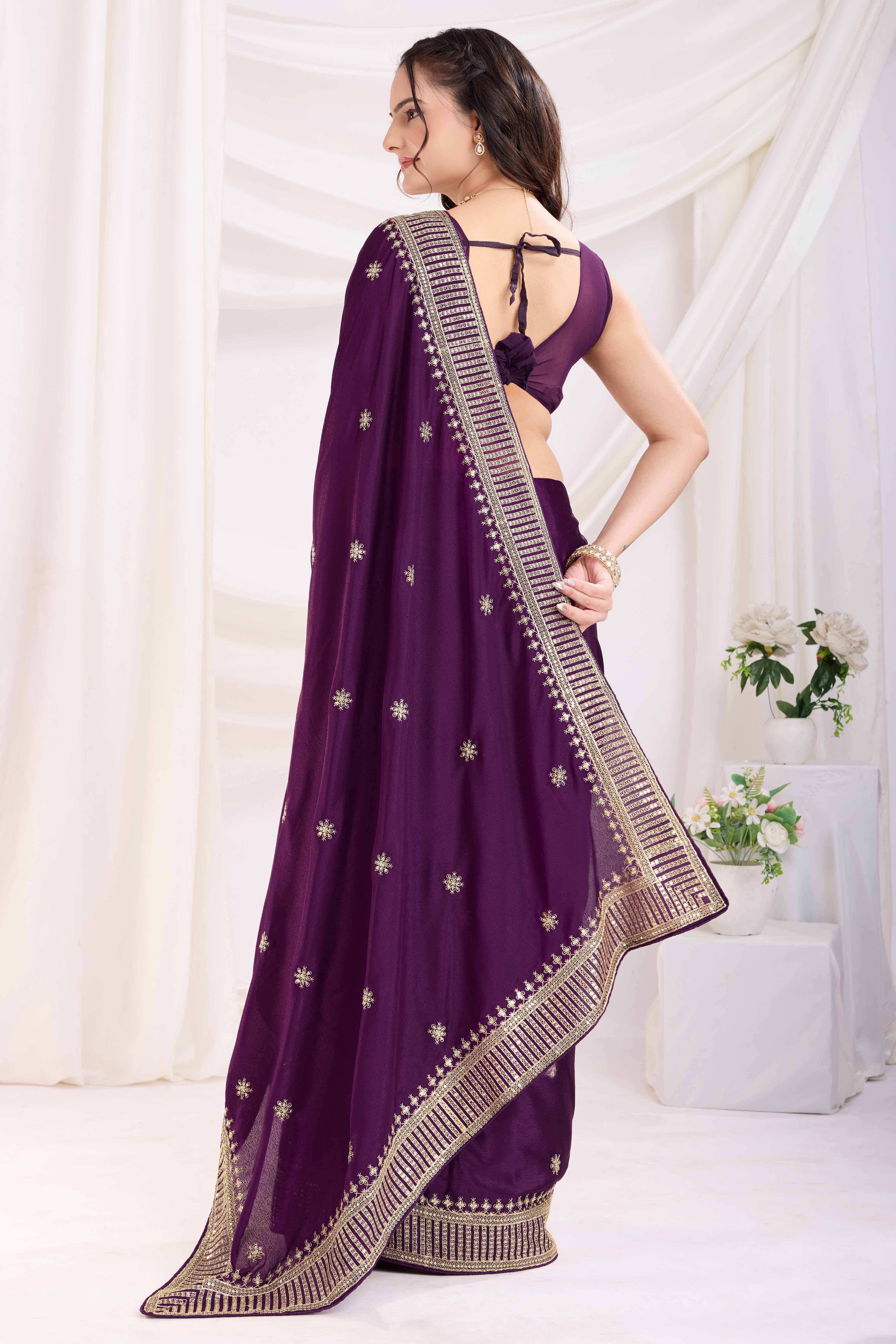 Wine Saree In Chinon Silk Featuring Delicate Floral Embroidery & Sparkling Sequins