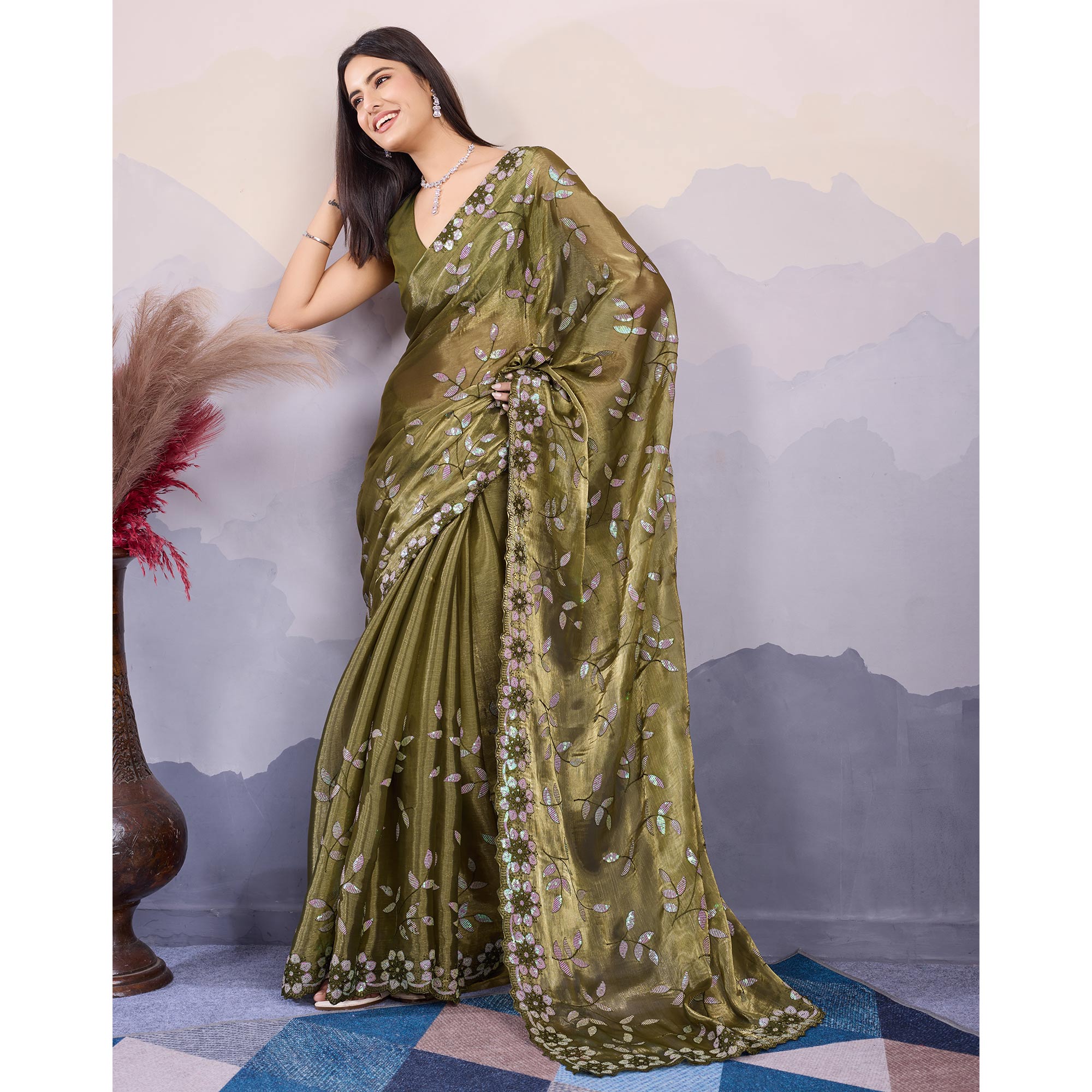 Mehandi Green Sequins Embroidered Art Silk Saree