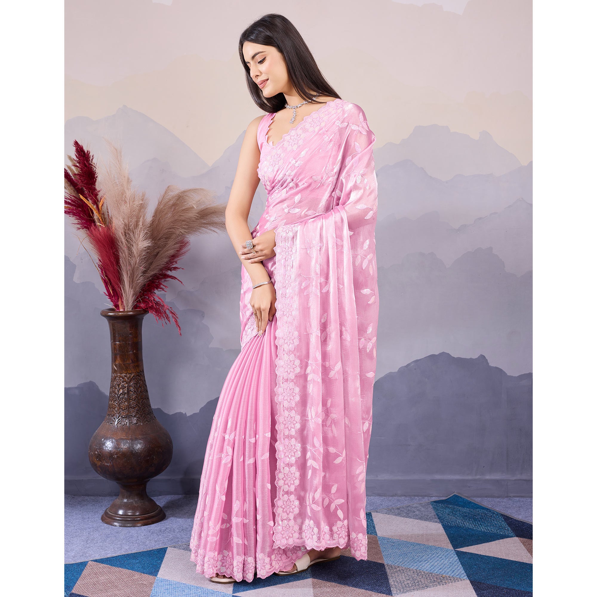 Pink Sequins Embroidered Art Silk Saree